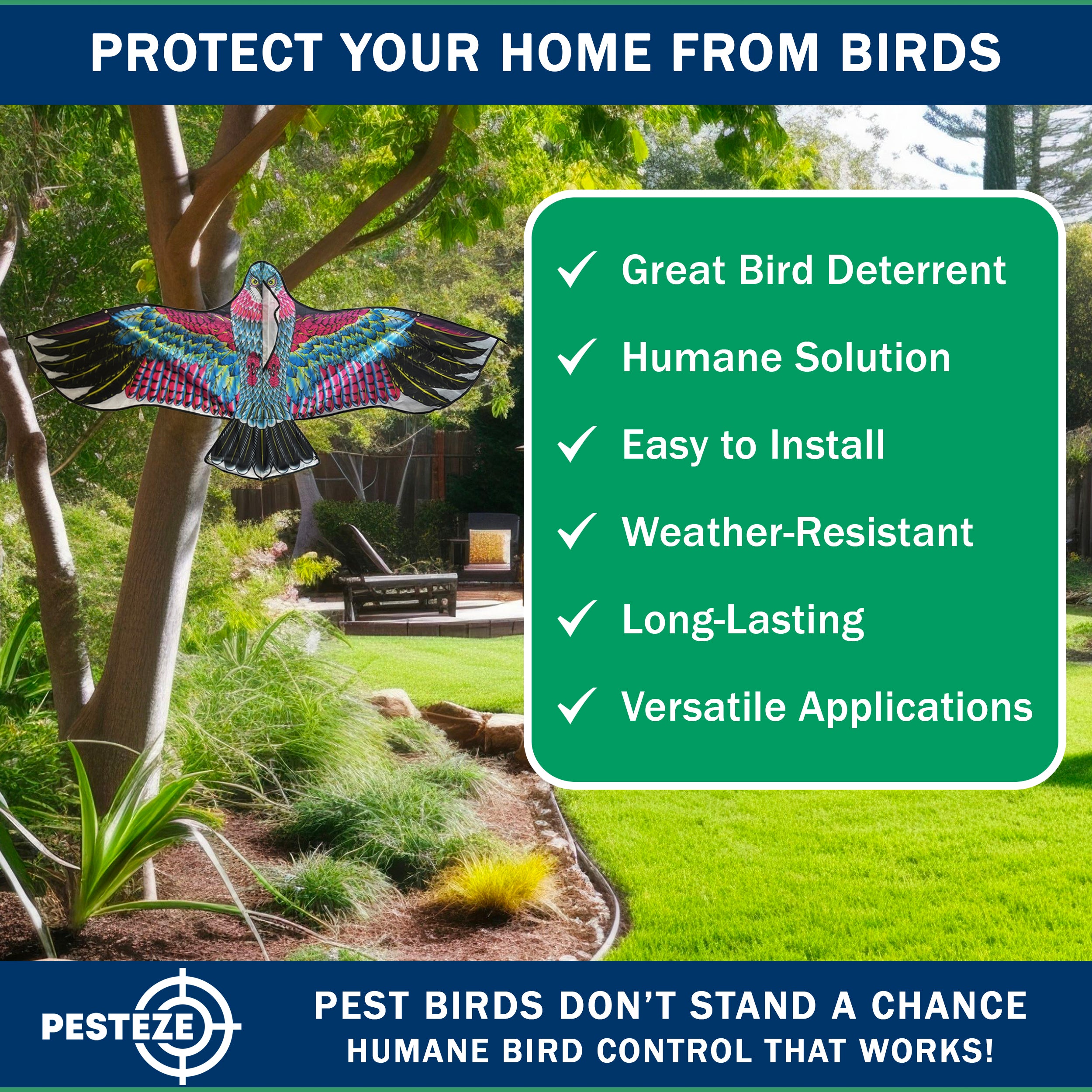 PESTEZE® USA Huge Red Eagle Kite [60x28 Inch Kite with 13 Ft Flagpole] Provides Humane Bird Deterrence in Yards & Farms. Protects Vegetables, Fruits & Crops from Pest Birds & Critters