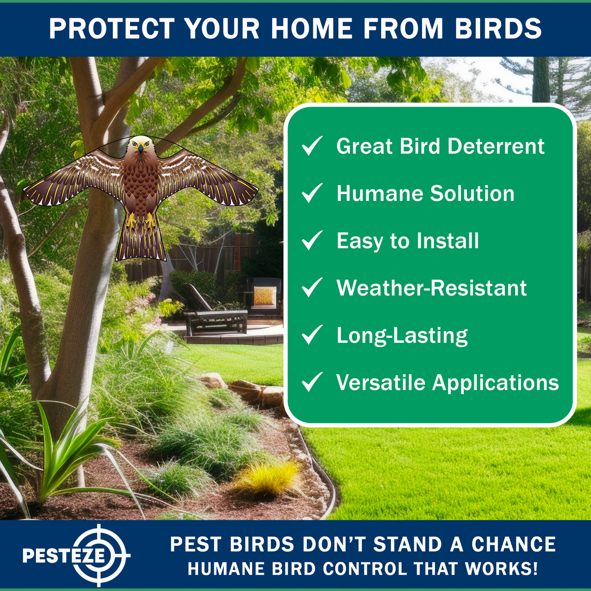 PESTEZE® USA Hawk Kite [47x27 Inch Kite with 13 Ft Flagpole] Provides Humane Bird Deterrence in Yards & Farms. Protects Vegetables, Fruits & Crops from Pest Birds & Critters