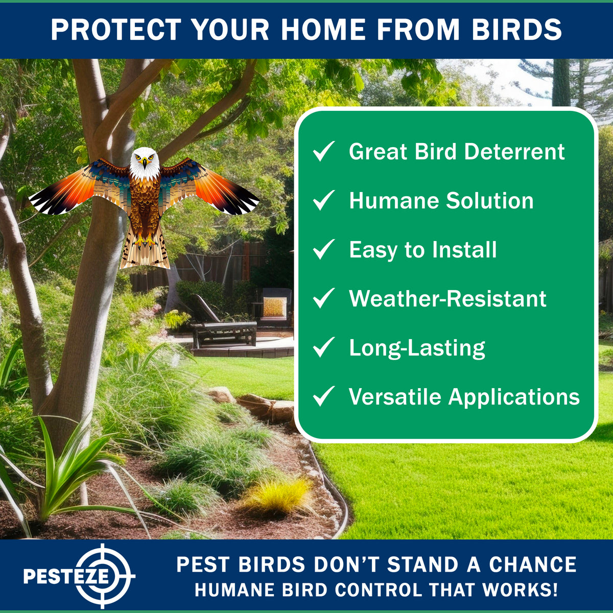 PESTEZE® USA Brown Eagle Bird Deterrent Kite with 13 ft Flagpole - Use in Yards & Farms to Protect Vegetables, Fruits, Crops & Property from Pest Birds
