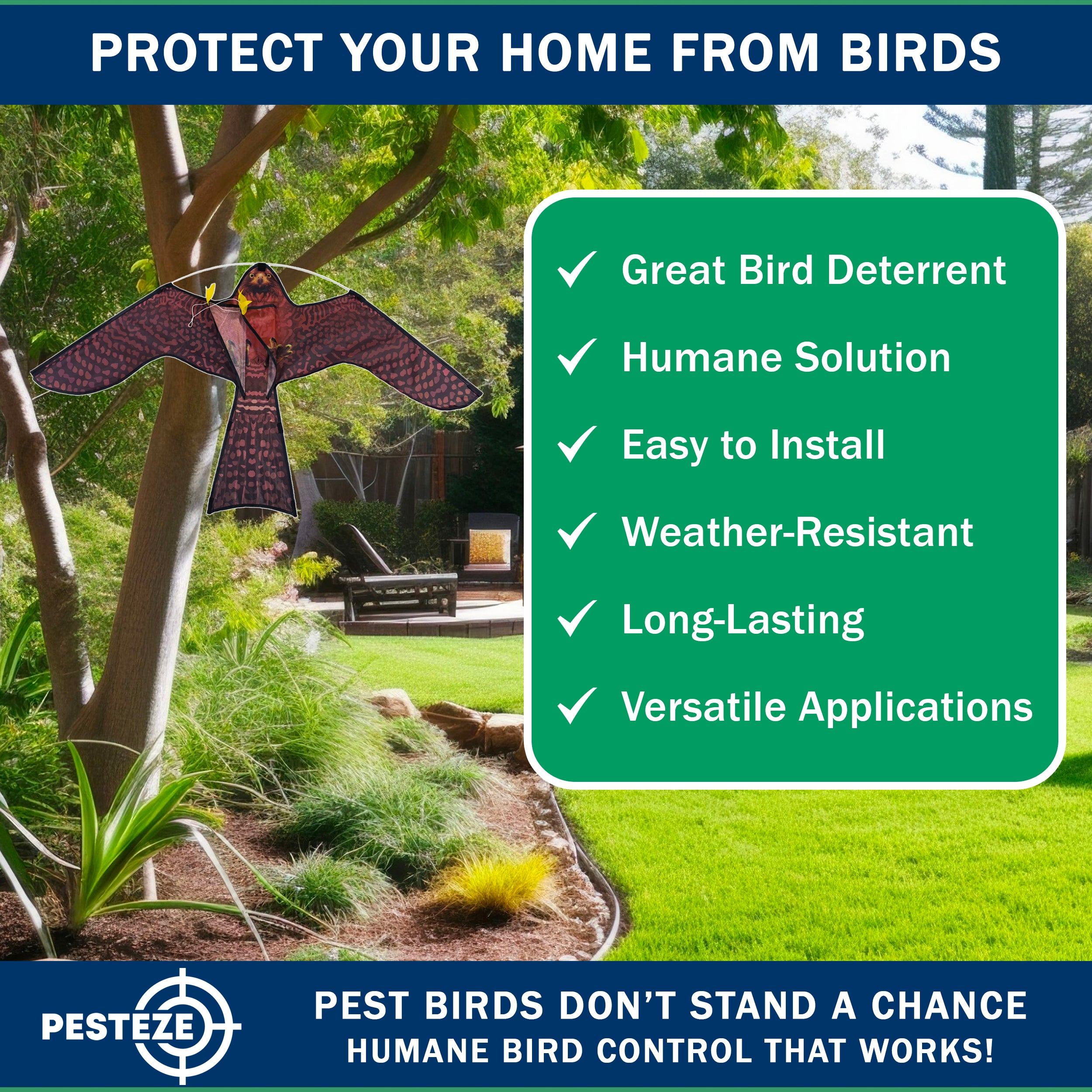 PESTEZE® USA Realistic Hawk Bird Scarer Kite [46 x 26 Inch with 13 ft Flagpole]. Use in Yards & Farms to Protect Vegetables, Fruits, Crops & Buildings from Pest Birds & Critters without Harming Them