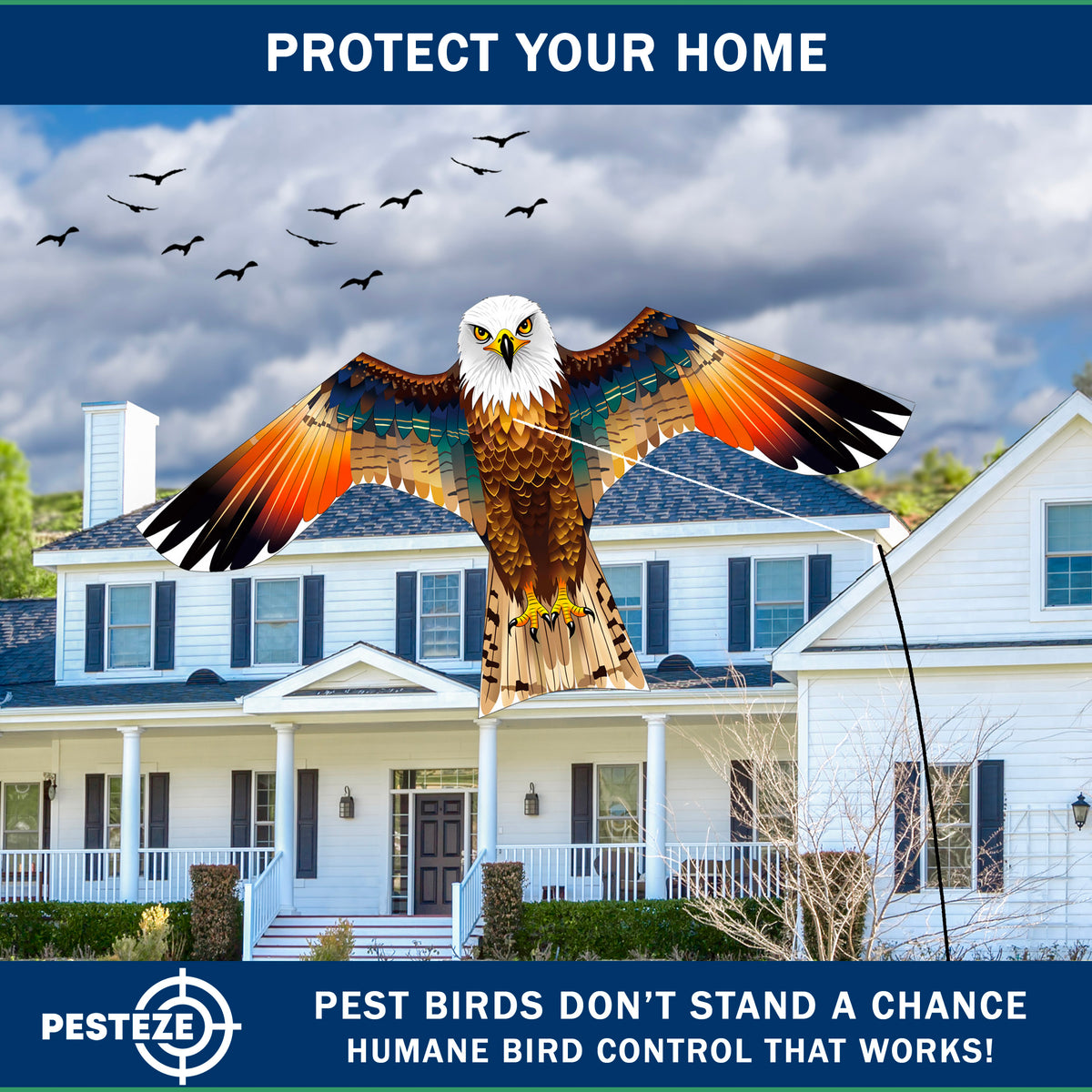 PESTEZE® USA Brown Eagle Bird Deterrent Kite with 13 ft Flagpole - Use in Yards & Farms to Protect Vegetables, Fruits, Crops & Property from Pest Birds