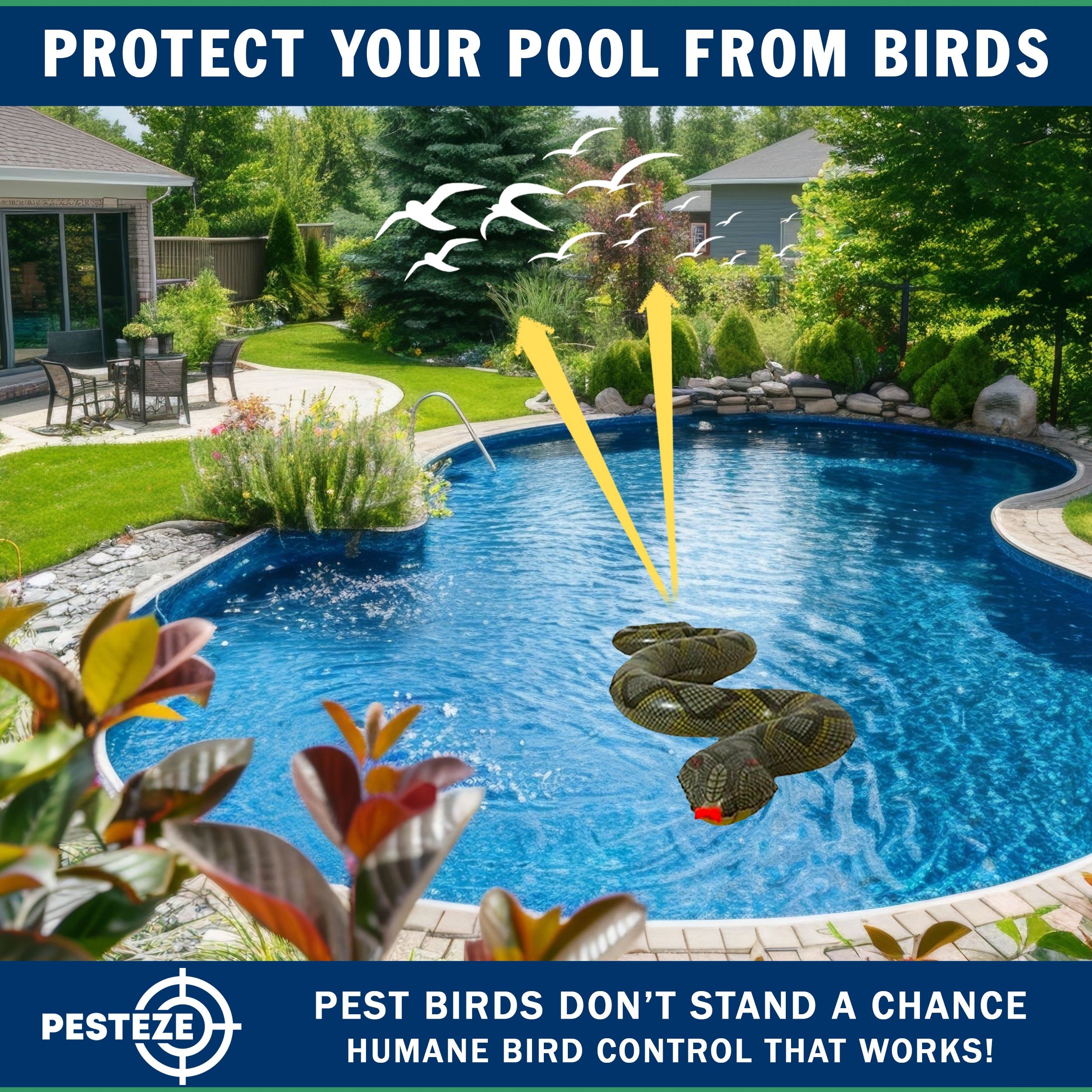 PESTEZE® USA Green 39 Inch Realistic Inflatable Snakes [1 Pack] Deters Pest Birds like Woodpeckers, Sparrows, Pigeons, Crows, Gulls & Critters from Pools & Yards without Harming them to Protect Property