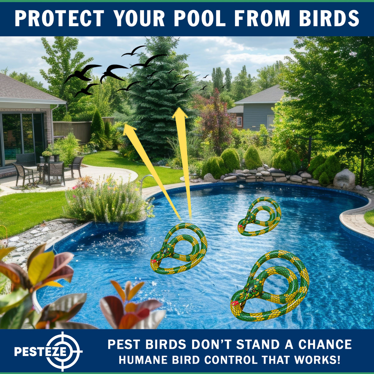 PESTEZE® USA 27 Inch Inflatable Snake [3 Pack - Yellow-Green Color] Predators Pest Birds  like Woodpeckers, Sparrows, Pigeons, Crows, Gulls & Critters from Pools & Yards without Harming them to Protect Property
