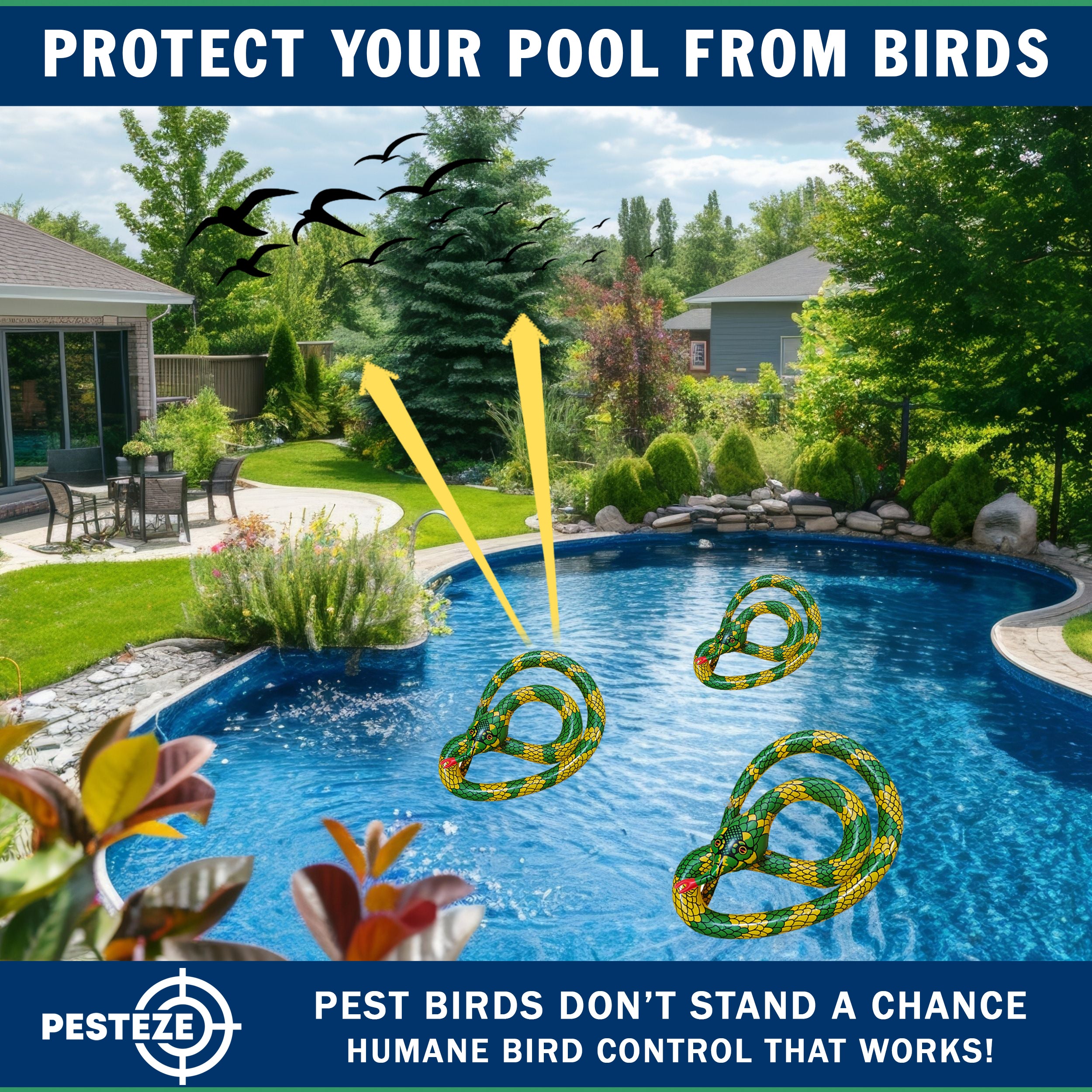 PESTEZE® USA 27 Inch Inflatable Snake [3 Pack - Yellow-Green Color] Predators Pest Birds  like Woodpeckers, Sparrows, Pigeons, Crows, Gulls & Critters from Pools & Yards without Harming them to Protect Property
