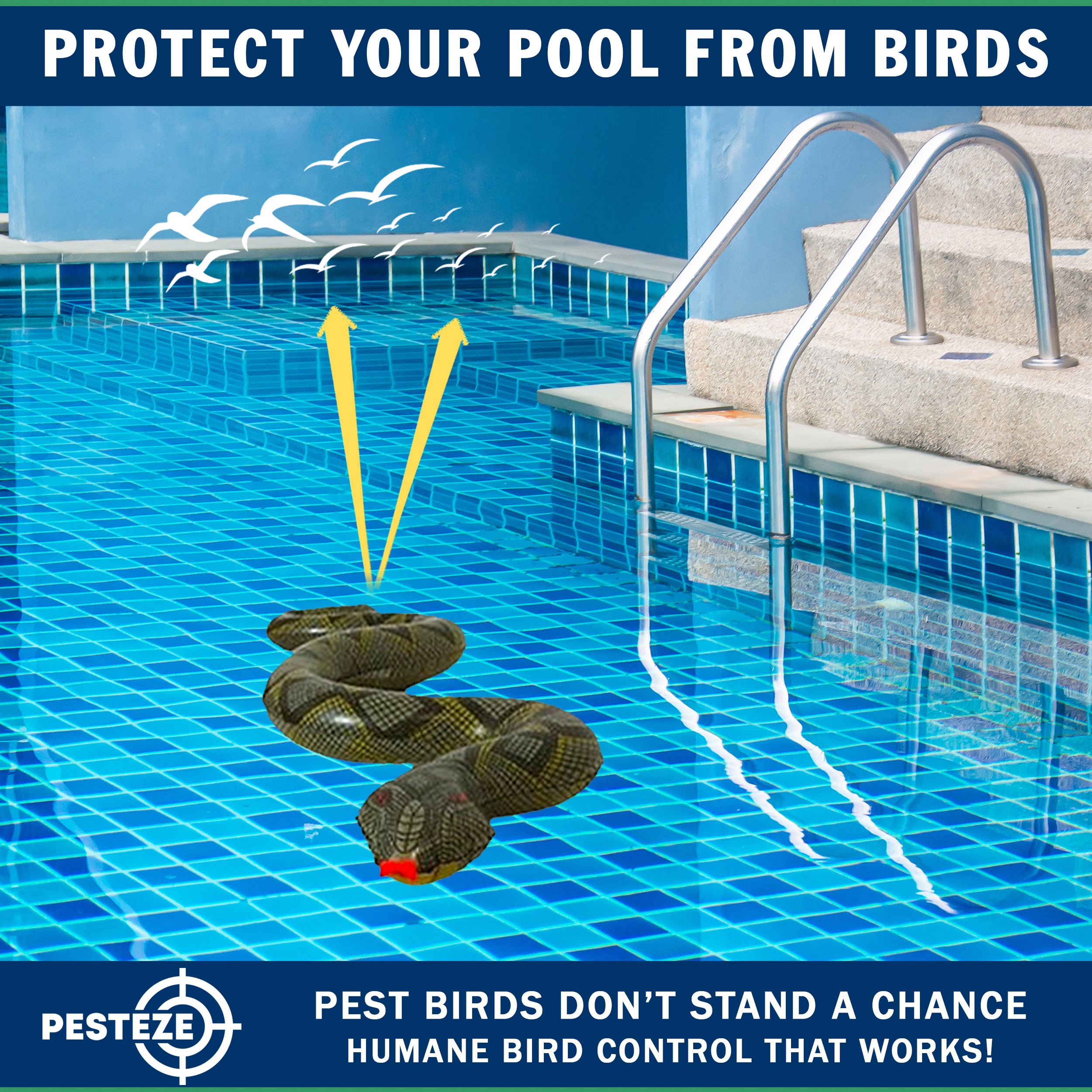 PESTEZE® USA Green 39 Inch Realistic Inflatable Snakes [1 Pack] Deters Pest Birds like Woodpeckers, Sparrows, Pigeons, Crows, Gulls & Critters from Pools & Yards without Harming them to Protect Property