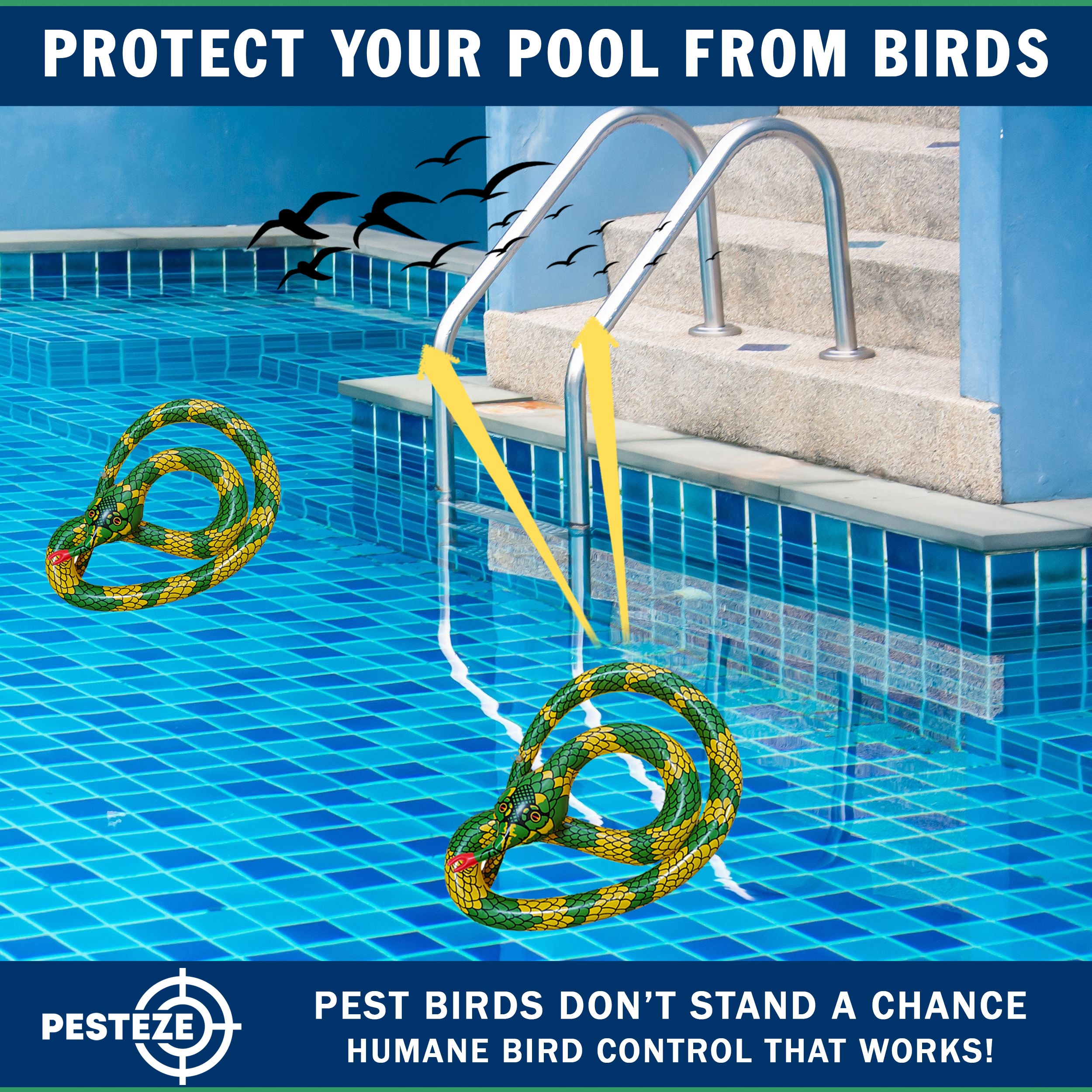 PESTEZE® USA 27 Inch Inflatible Snake [2 Pack Curly Yellow-Green Color] Scares Pest Birds Like Ducks Woodpeckers, Sparrows, Pigeons, Crows, Gulls & Critters from Pools & Yards Without Harming them to Protect Property