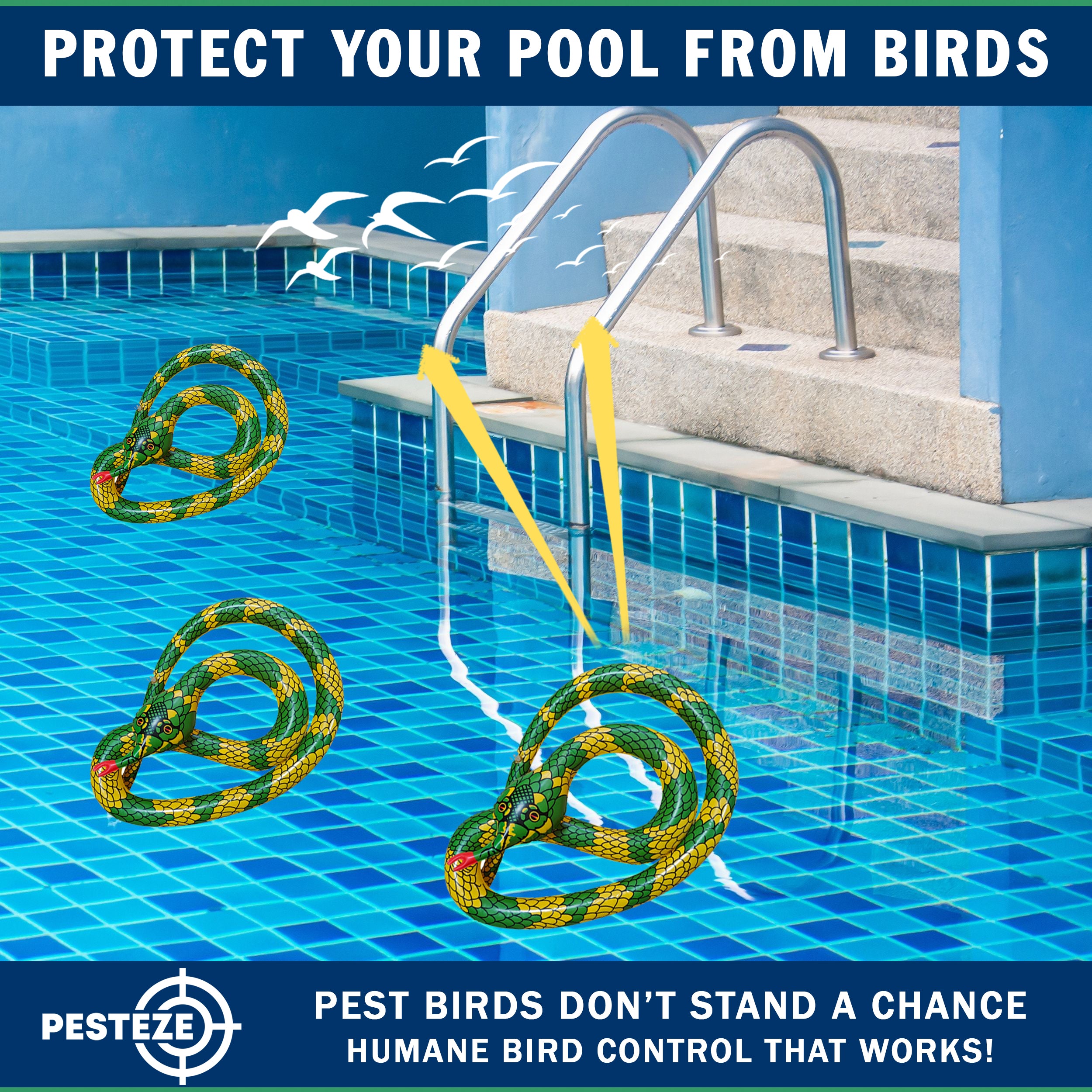 PESTEZE® USA 27 Inch Inflatable Snake [3 Pack - Yellow-Green Color] Predators Pest Birds  like Woodpeckers, Sparrows, Pigeons, Crows, Gulls & Critters from Pools & Yards without Harming them to Protect Property