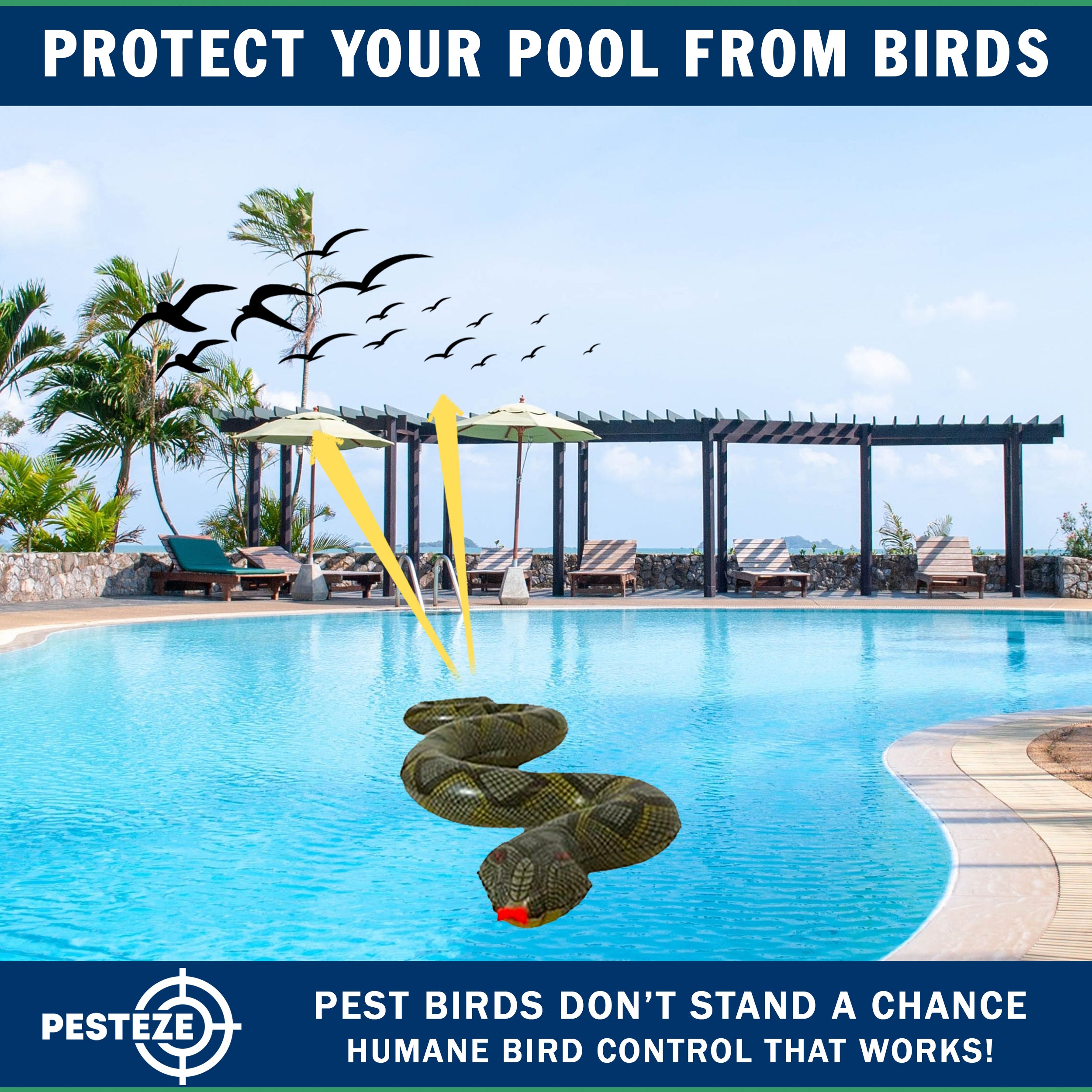 PESTEZE® USA Green 39 Inch Realistic Inflatable Snakes [1 Pack] Deters Pest Birds like Woodpeckers, Sparrows, Pigeons, Crows, Gulls & Critters from Pools & Yards without Harming them to Protect Property