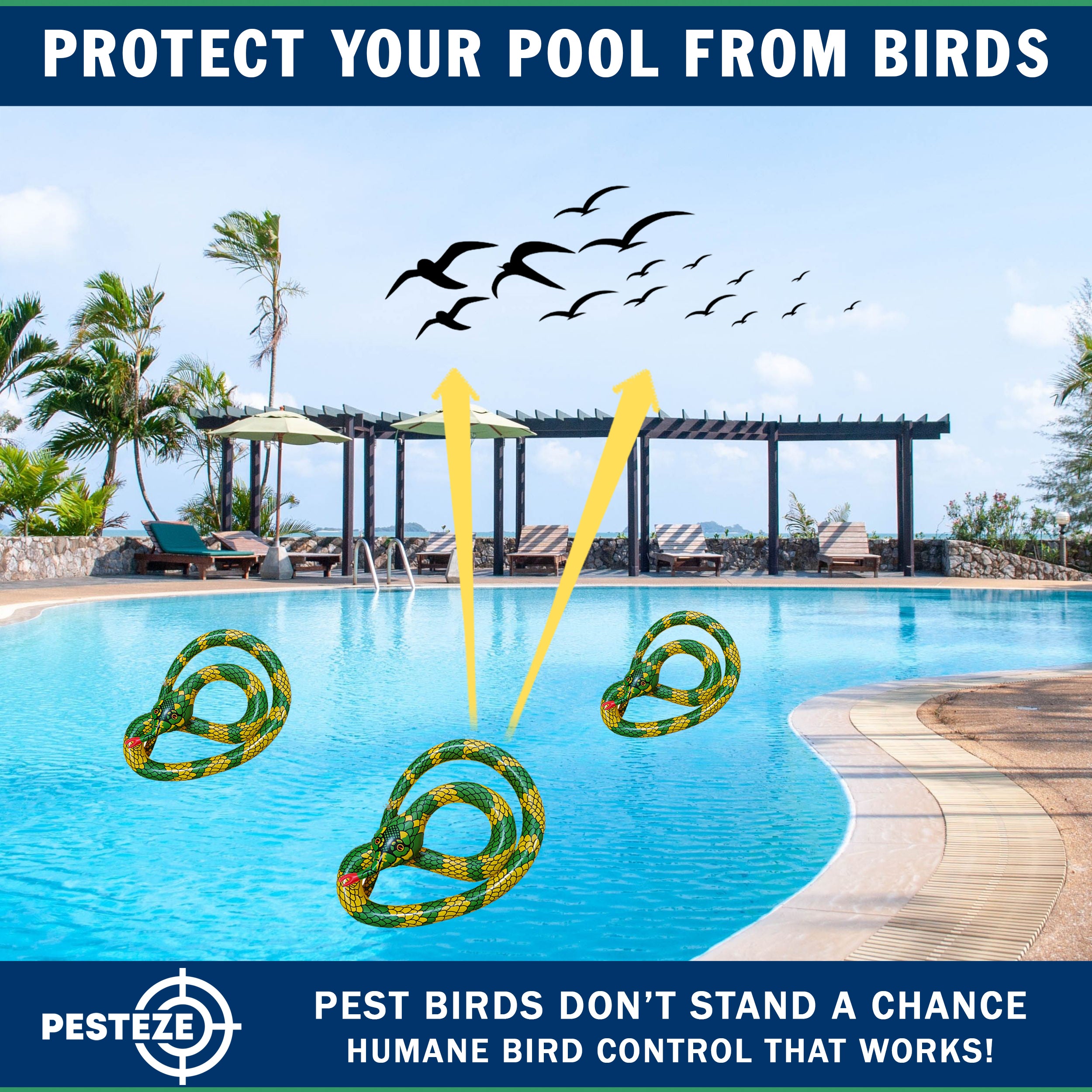 PESTEZE® USA 27 Inch Inflatable Snake [3 Pack - Yellow-Green Color] Predators Pest Birds  like Woodpeckers, Sparrows, Pigeons, Crows, Gulls & Critters from Pools & Yards without Harming them to Protect Property