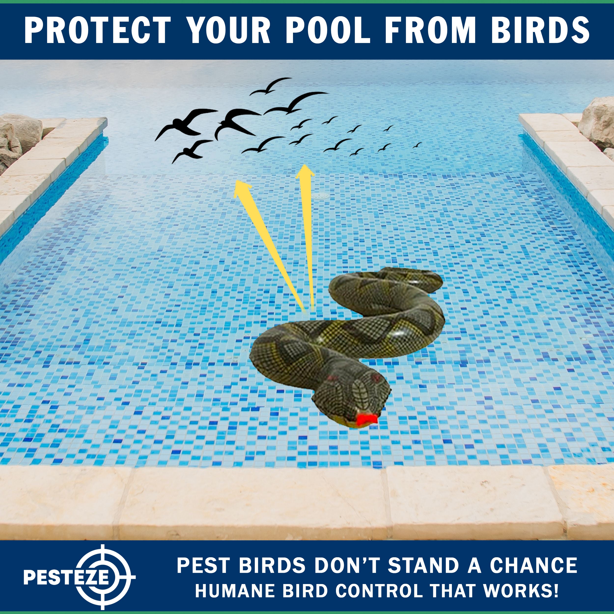 PESTEZE® USA Green 39 Inch Realistic Inflatable Snakes [1 Pack] Deters Pest Birds like Woodpeckers, Sparrows, Pigeons, Crows, Gulls & Critters from Pools & Yards without Harming them to Protect Property