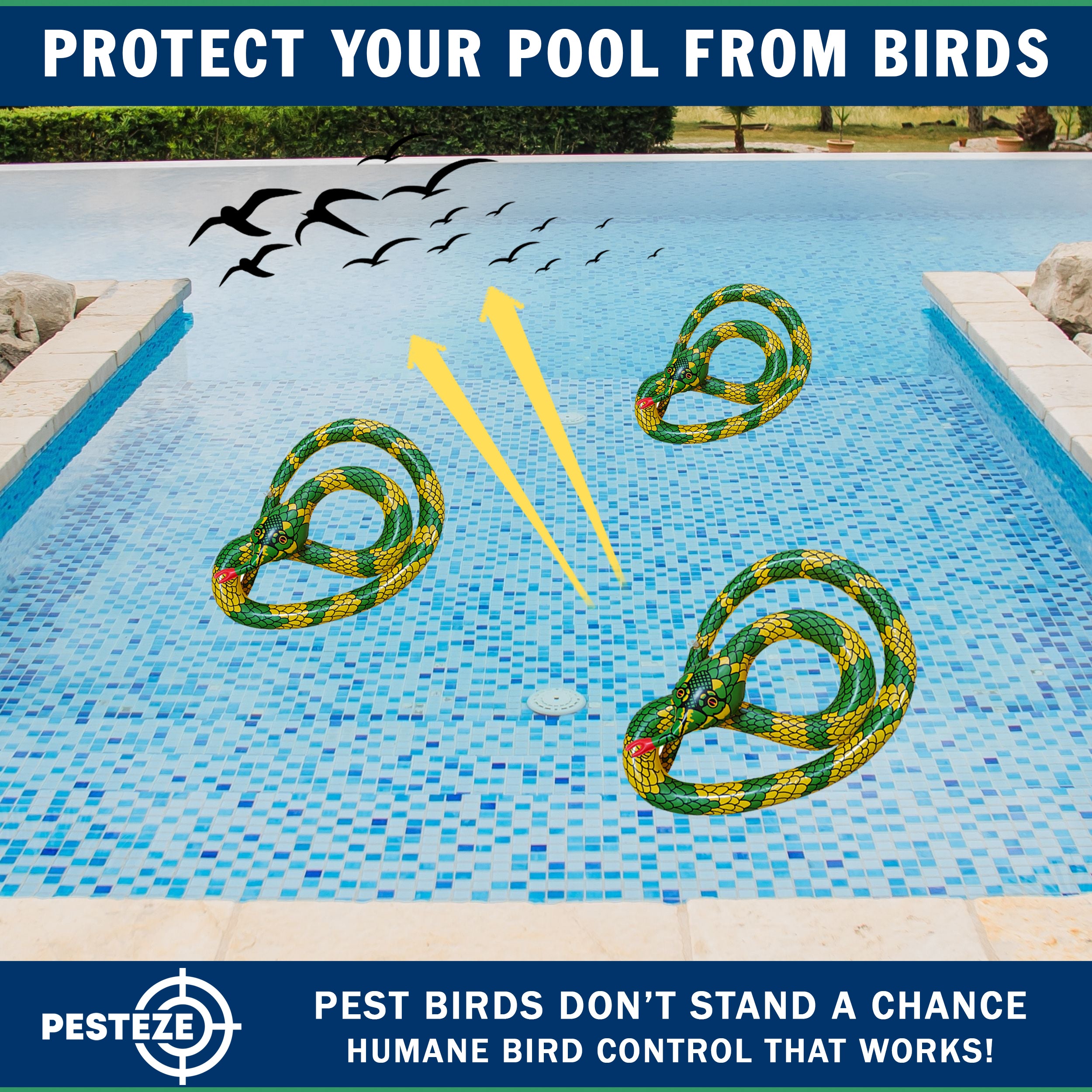 PESTEZE® USA 27 Inch Inflatable Snake [3 Pack - Yellow-Green Color] Predators Pest Birds  like Woodpeckers, Sparrows, Pigeons, Crows, Gulls & Critters from Pools & Yards without Harming them to Protect Property