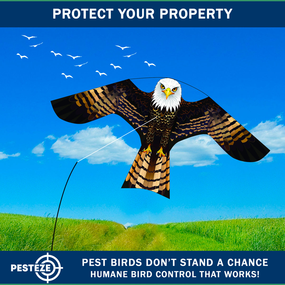 PESTEZE® USA Bald Eagle Bird Deterrent Kite with 13 ft Flagpole - Use in Yards & Farms to Protect Vegetables, Fruits, Crops & Property from Pest Birds