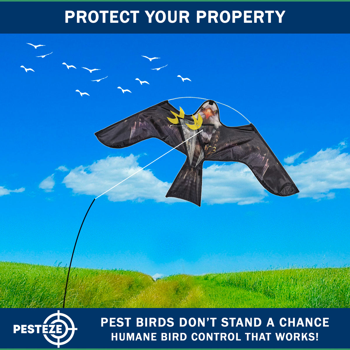 PESTEZE® USA Realistic Eagle Kite [2 Pack- 46 x 26 Inch with 13 ft Flagpole] Use in Yards & Farms to Protect Vegetables, Fruits & Crops from Pest Birds & Critters without Harming Them
