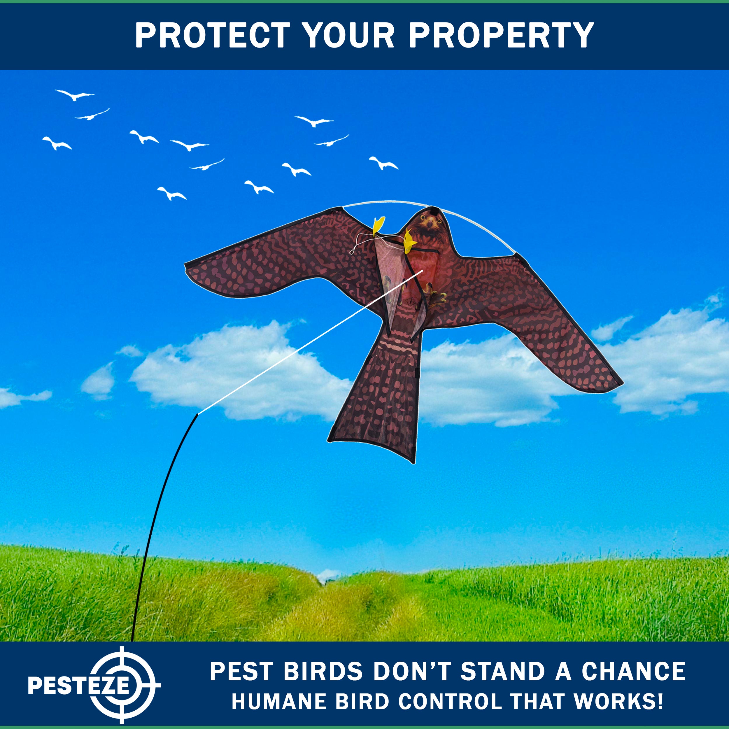 PESTEZE® USA Realistic Hawk Bird Scarer Kite [46 x 26 Inch with 13 ft Flagpole]. Use in Yards & Farms to Protect Vegetables, Fruits, Crops & Buildings from Pest Birds & Critters without Harming Them