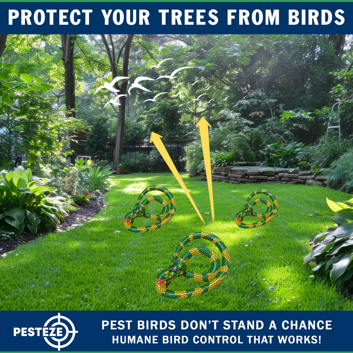PESTEZE® USA 27 Inch Inflatable Snake [3 Pack - Yellow-Green Color] Predators Pest Birds  like Woodpeckers, Sparrows, Pigeons, Crows, Gulls & Critters from Pools & Yards without Harming them to Protect Property