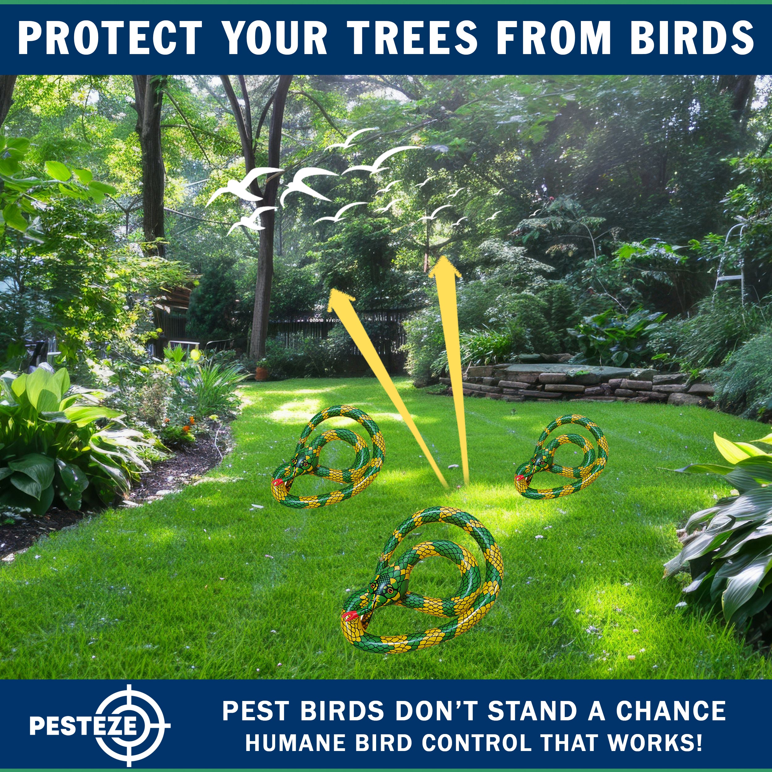PESTEZE® USA 27 Inch Inflatable Snake [3 Pack - Yellow-Green Color] Predators Pest Birds  like Woodpeckers, Sparrows, Pigeons, Crows, Gulls & Critters from Pools & Yards without Harming them to Protect Property