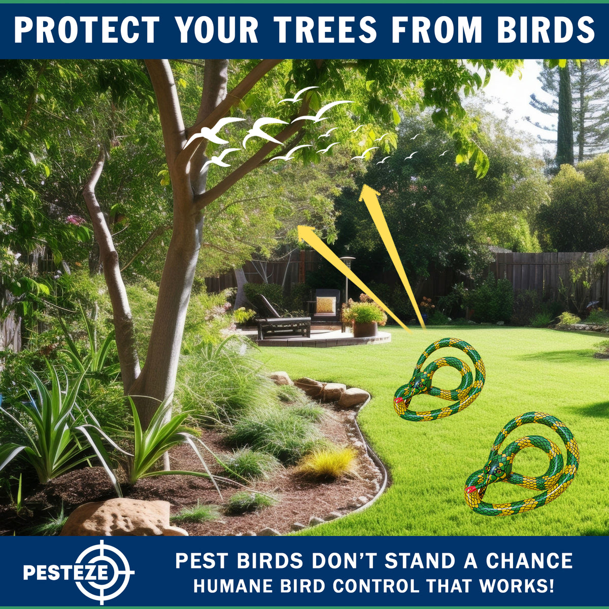 PESTEZE® USA 27 Inch Inflatible Snake [2 Pack Curly Yellow-Green Color] Scares Pest Birds Like Ducks Woodpeckers, Sparrows, Pigeons, Crows, Gulls & Critters from Pools & Yards Without Harming them to Protect Property