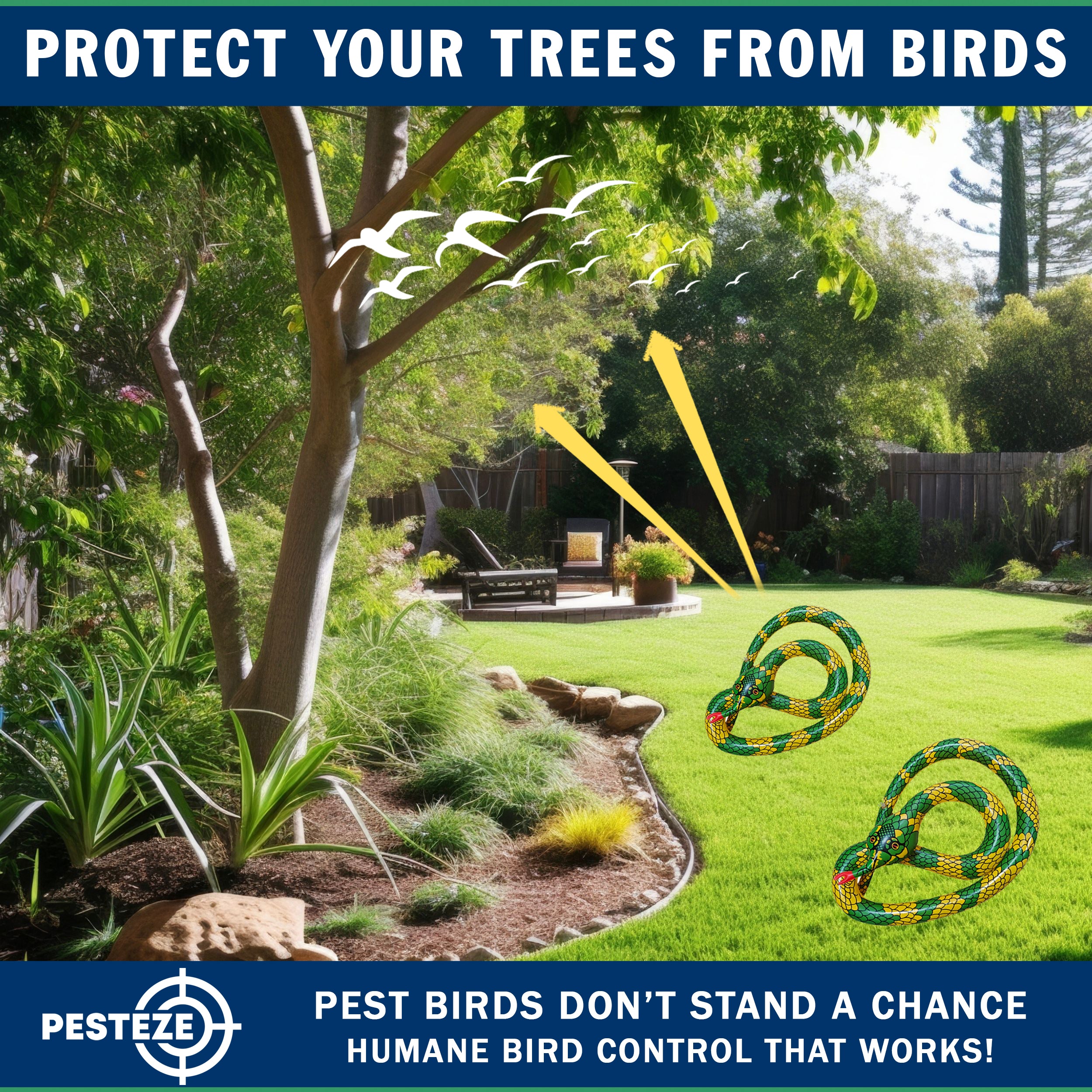 PESTEZE® USA 27 Inch Inflatible Snake [2 Pack Curly Yellow-Green Color] Scares Pest Birds Like Ducks Woodpeckers, Sparrows, Pigeons, Crows, Gulls & Critters from Pools & Yards Without Harming them to Protect Property