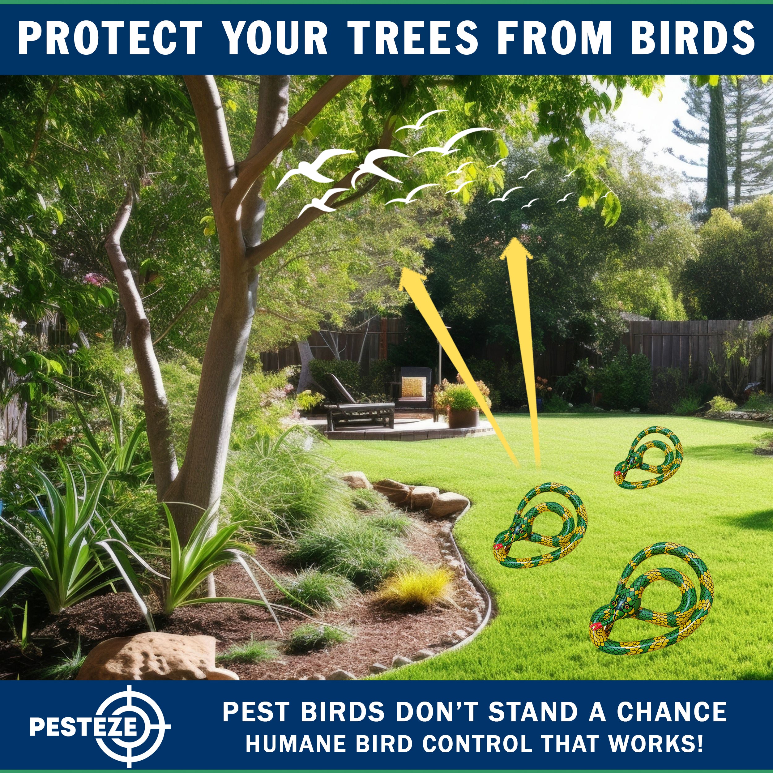 PESTEZE® USA 27 Inch Inflatable Snake [3 Pack - Yellow-Green Color] Predators Pest Birds  like Woodpeckers, Sparrows, Pigeons, Crows, Gulls & Critters from Pools & Yards without Harming them to Protect Property