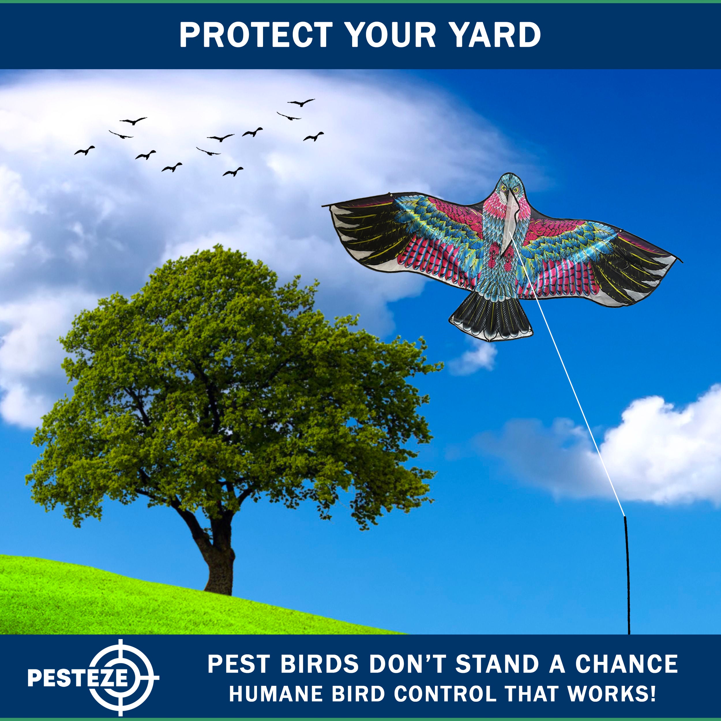 PESTEZE® USA Huge Red Eagle Kite [60x28 Inch Kite with 13 Ft Flagpole] Provides Humane Bird Deterrence in Yards & Farms. Protects Vegetables, Fruits & Crops from Pest Birds & Critters