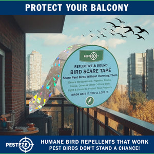 PESTEZE® Holographic Dual Sided Reflective & Sound Bird Scare Tape [1 Inch x 295 ft] Use in Yards & Farms to Protect Vegetables, Fruits, Crops & Buildings from Pest Birds & Critters without Harming them