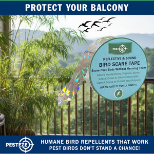 PESTEZE® Holographic Dual Sided Reflective & Sound Bird Scare Tape [1 Inch x 295 ft] Use in Yards & Farms to Protect Vegetables, Fruits, Crops & Buildings from Pest Birds & Critters without Harming them