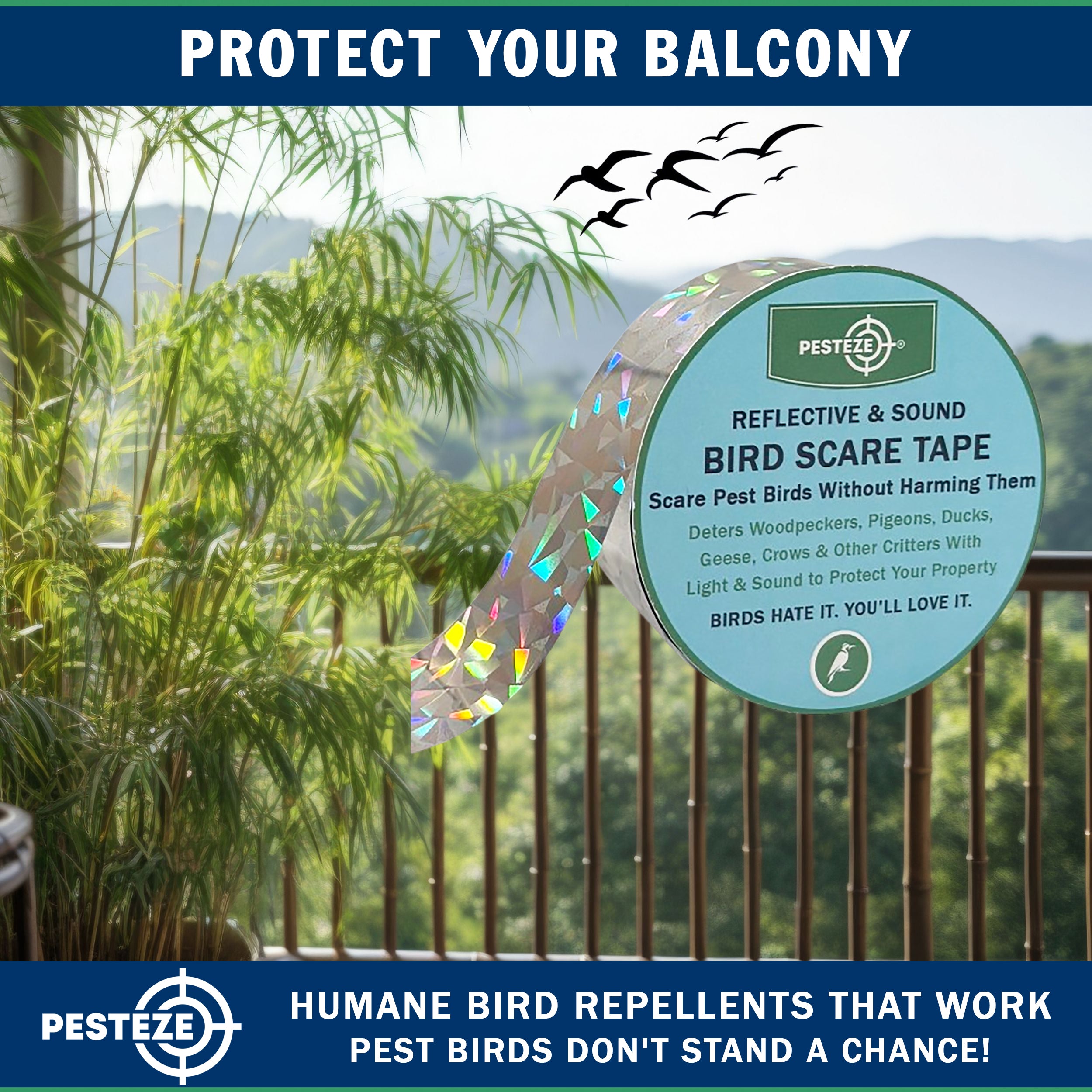 PESTEZE® Dual Sided Holographic Reflective & Sound Bird Scare Tape [2 Inch x 360 ft] Use in Yards & Farms to Protect Vegetables, Fruits, Crops & Buildings from Pest Birds & Critters without Harming them
