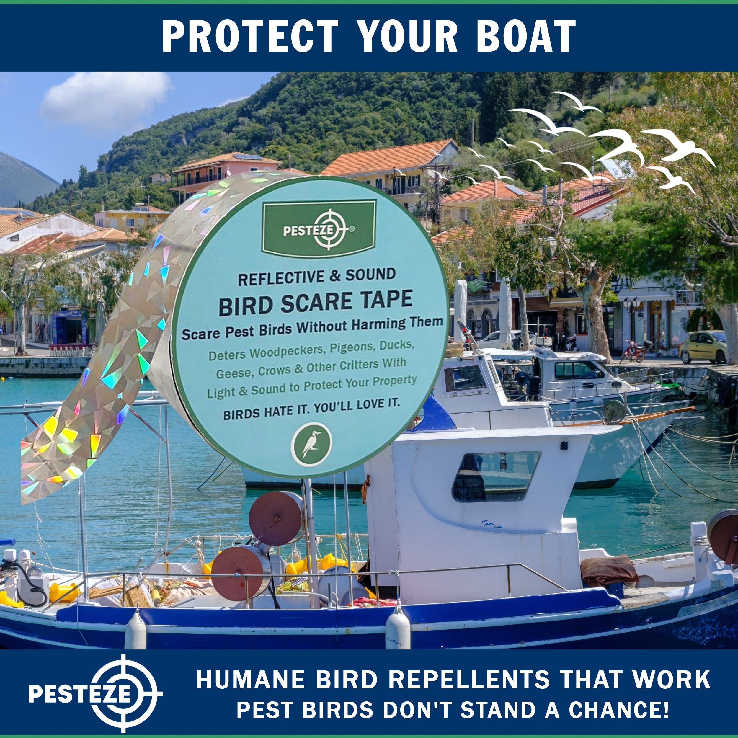 PESTEZE® Dual Sided Holographic Reflective & Sound Bird Scare Tape [2 Inch x 360 ft] Use in Yards & Farms to Protect Vegetables, Fruits, Crops & Buildings from Pest Birds & Critters without Harming them
