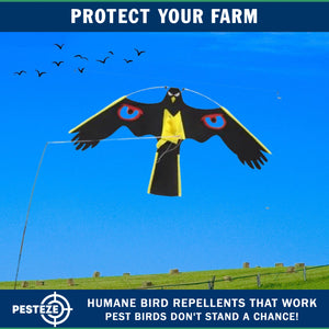 PESTEZE® Black Flying Hawk 54 x 30 Inch Kite with Scare Eyes & 13 ft Flagpole to Deter Birds. Use in Yards & Farms to Protect Vegetables, Fruits, Crops & Property from Pest Birds & Critters without Harming them