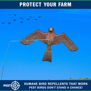 PESTEZE® Flying Hawk 54 x 30 Inch Kite Bird Scarer with 13 ft Flagpole. Use in Yards & Farms to Protect Vegetables, Fruits, Crops & Buildings from Pest Birds & Critters without Harming them