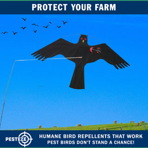 PESTEZE® Black Flying Hawk 54 x 30 Inch Kite Bird Deterrent with 13 ft Flagpole. Use in Yards & Farms to Protect Vegetables, Fruits, Crops & Property from Pest Birds & Critters without Harming them