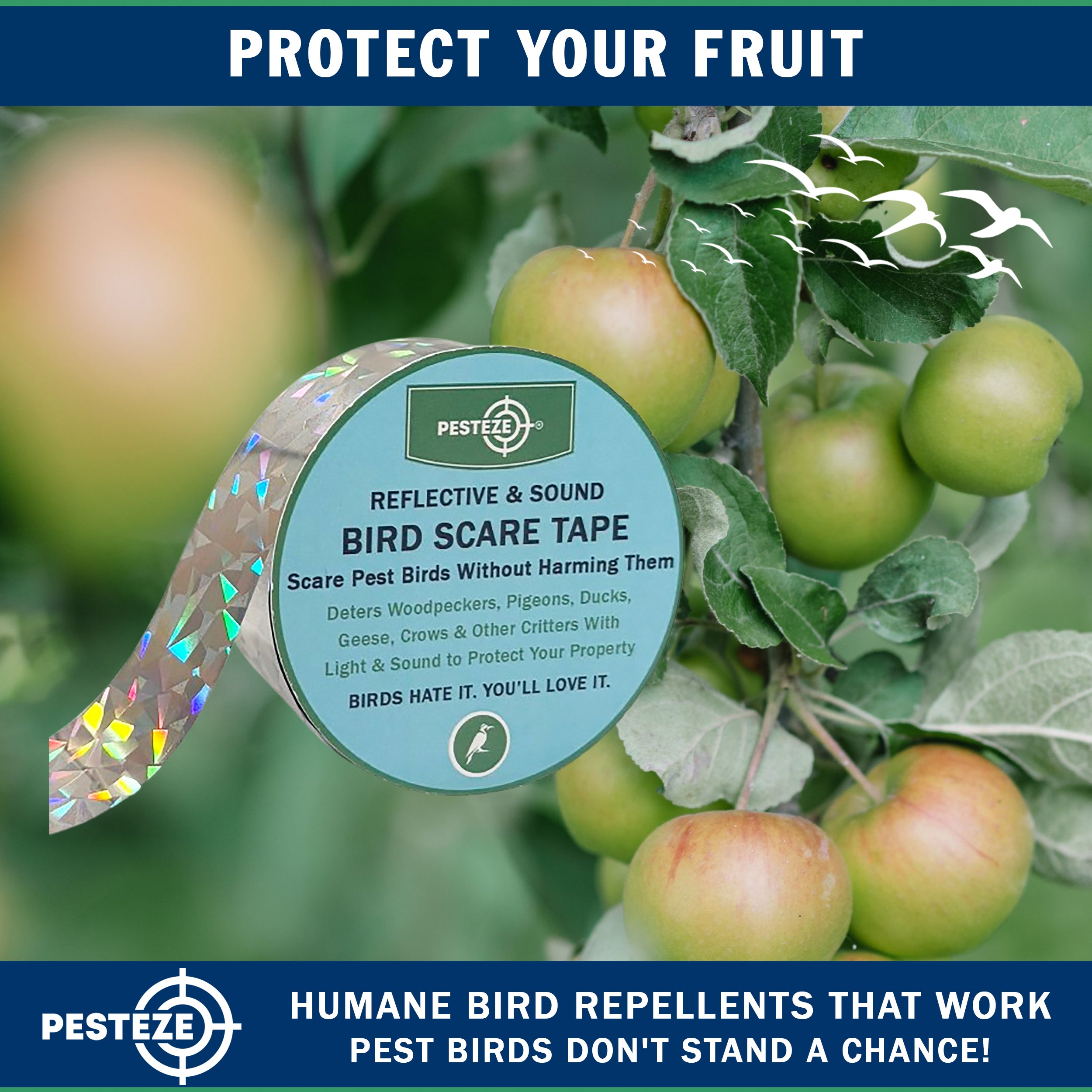 PESTEZE® Holographic Dual Sided Reflective & Sound Bird Scare Tape [1 Inch x 295 ft] Use in Yards & Farms to Protect Vegetables, Fruits, Crops & Buildings from Pest Birds & Critters without Harming them