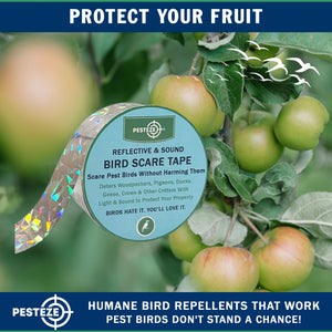 PESTEZE® Holographic Dual Sided Reflective & Sound Bird Scare Tape [1 Inch x 295 ft] Use in Yards & Farms to Protect Vegetables, Fruits, Crops & Buildings from Pest Birds & Critters without Harming them