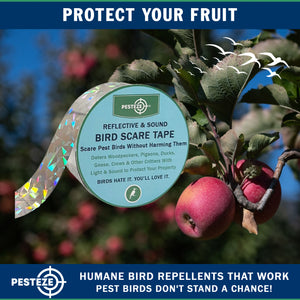 PESTEZE® Holographic Dual Sided Reflective & Sound Bird Scare Tape [1 Inch x 295 ft] Use in Yards & Farms to Protect Vegetables, Fruits, Crops & Buildings from Pest Birds & Critters without Harming them