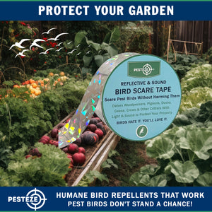 PESTEZE® Holographic Dual Sided Reflective & Sound Bird Scare Tape [1 Inch x 295 ft] Use in Yards & Farms to Protect Vegetables, Fruits, Crops & Buildings from Pest Birds & Critters without Harming them