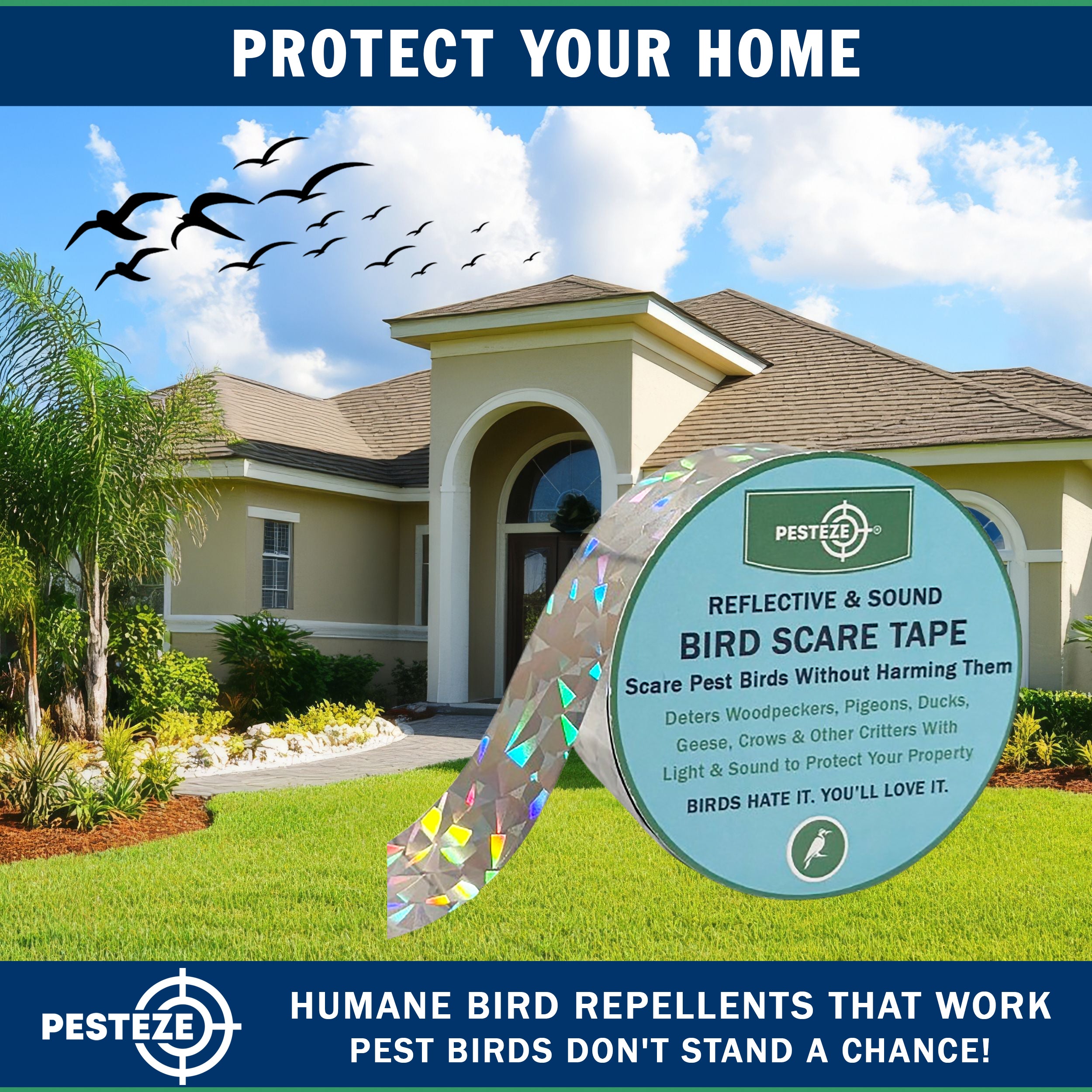 PESTEZE® Holographic Dual Sided Reflective & Sound Bird Scare Tape [1 Inch x 295 ft] Use in Yards & Farms to Protect Vegetables, Fruits, Crops & Buildings from Pest Birds & Critters without Harming them