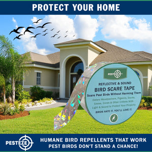 PESTEZE® Holographic Dual Sided Reflective & Sound Bird Scare Tape [1 Inch x 295 ft] Use in Yards & Farms to Protect Vegetables, Fruits, Crops & Buildings from Pest Birds & Critters without Harming them