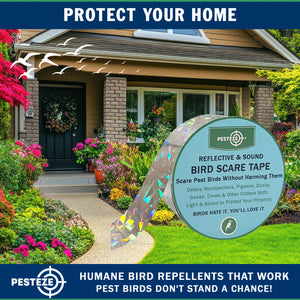 PESTEZE® Holographic Dual Sided Reflective & Sound Bird Scare Tape [1 Inch x 295 ft] Use in Yards & Farms to Protect Vegetables, Fruits, Crops & Buildings from Pest Birds & Critters without Harming them