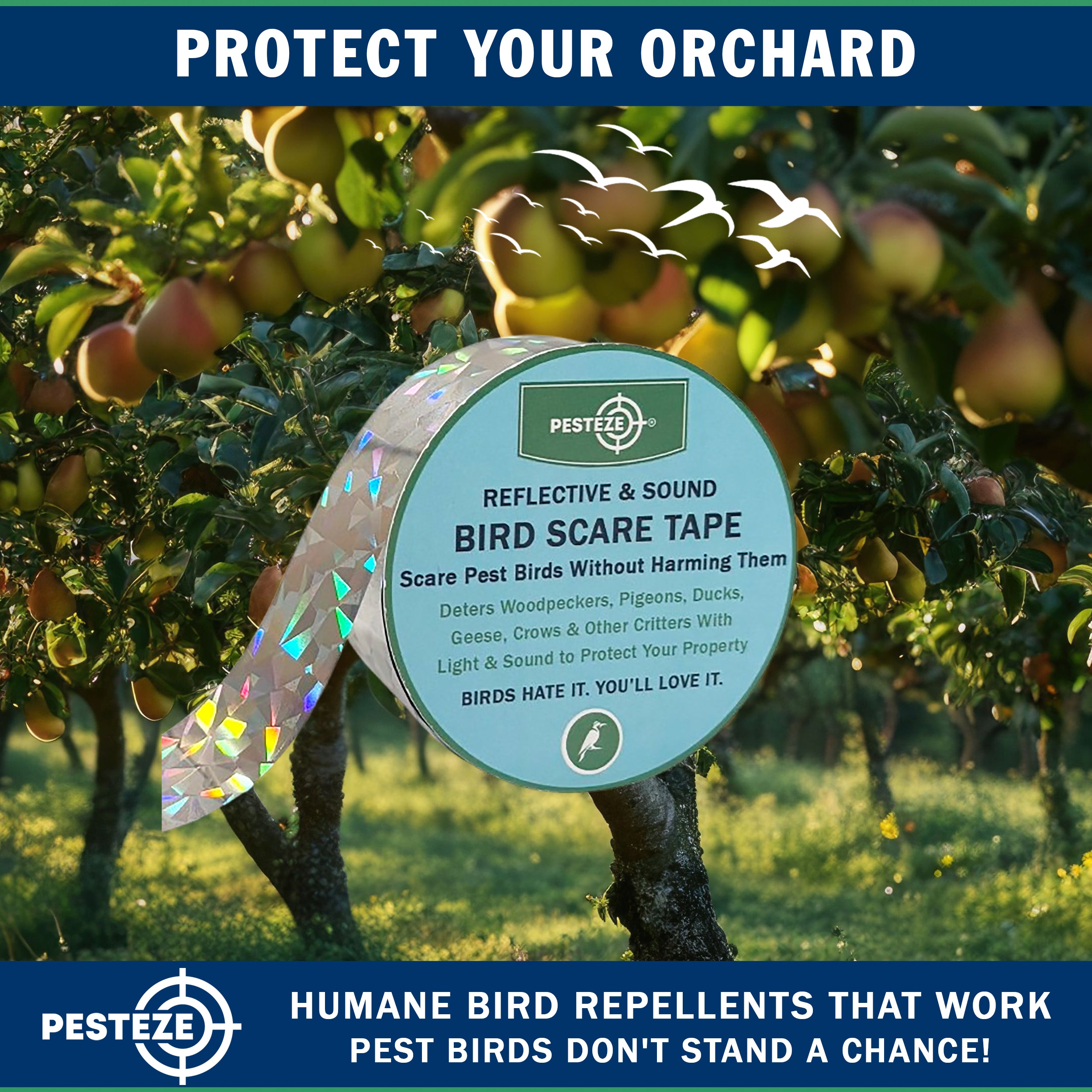 PESTEZE® Holographic Dual Sided Reflective & Sound Bird Scare Tape [1 Inch x 295 ft] Use in Yards & Farms to Protect Vegetables, Fruits, Crops & Buildings from Pest Birds & Critters without Harming them