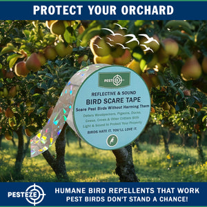 PESTEZE® Holographic Dual Sided Reflective & Sound Bird Scare Tape [1 Inch x 295 ft] Use in Yards & Farms to Protect Vegetables, Fruits, Crops & Buildings from Pest Birds & Critters without Harming them