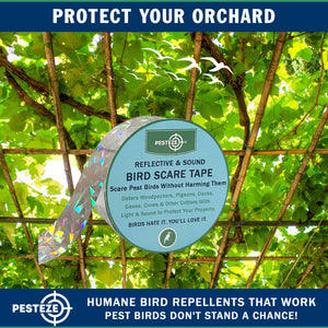 PESTEZE® Holographic Dual Sided Reflective & Sound Bird Scare Tape [1 Inch x 295 ft] Use in Yards & Farms to Protect Vegetables, Fruits, Crops & Buildings from Pest Birds & Critters without Harming them