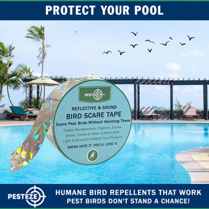 PESTEZE® Holographic Dual Sided Reflective & Sound Bird Scare Tape [1 Inch x 295 ft] Use in Yards & Farms to Protect Vegetables, Fruits, Crops & Buildings from Pest Birds & Critters without Harming them