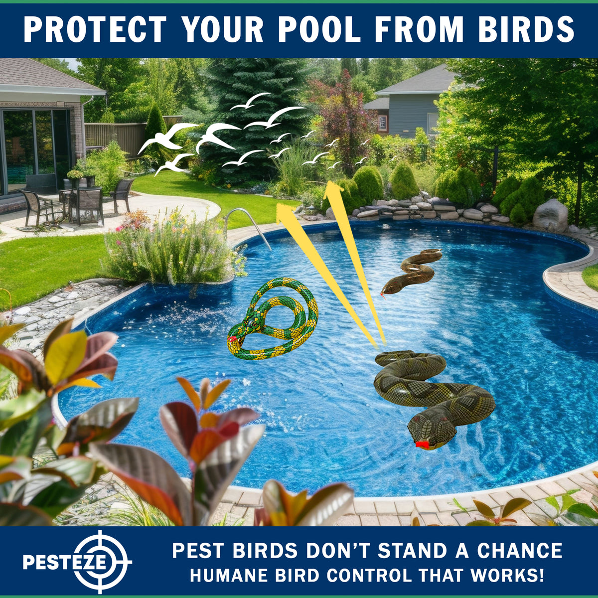 PESTEZE® USA 39 Inch Realistic Inflatable Snakes [3 Pack Multi-Color - 1 Grey-Green + 1 Brown + 1 Yellow-Green] Scares Pest Birds Like Ducks Woodpeckers, Sparrows, Pigeons, Crows, Gulls & Critters from Pools & Yard Without Harming them to Protect Property