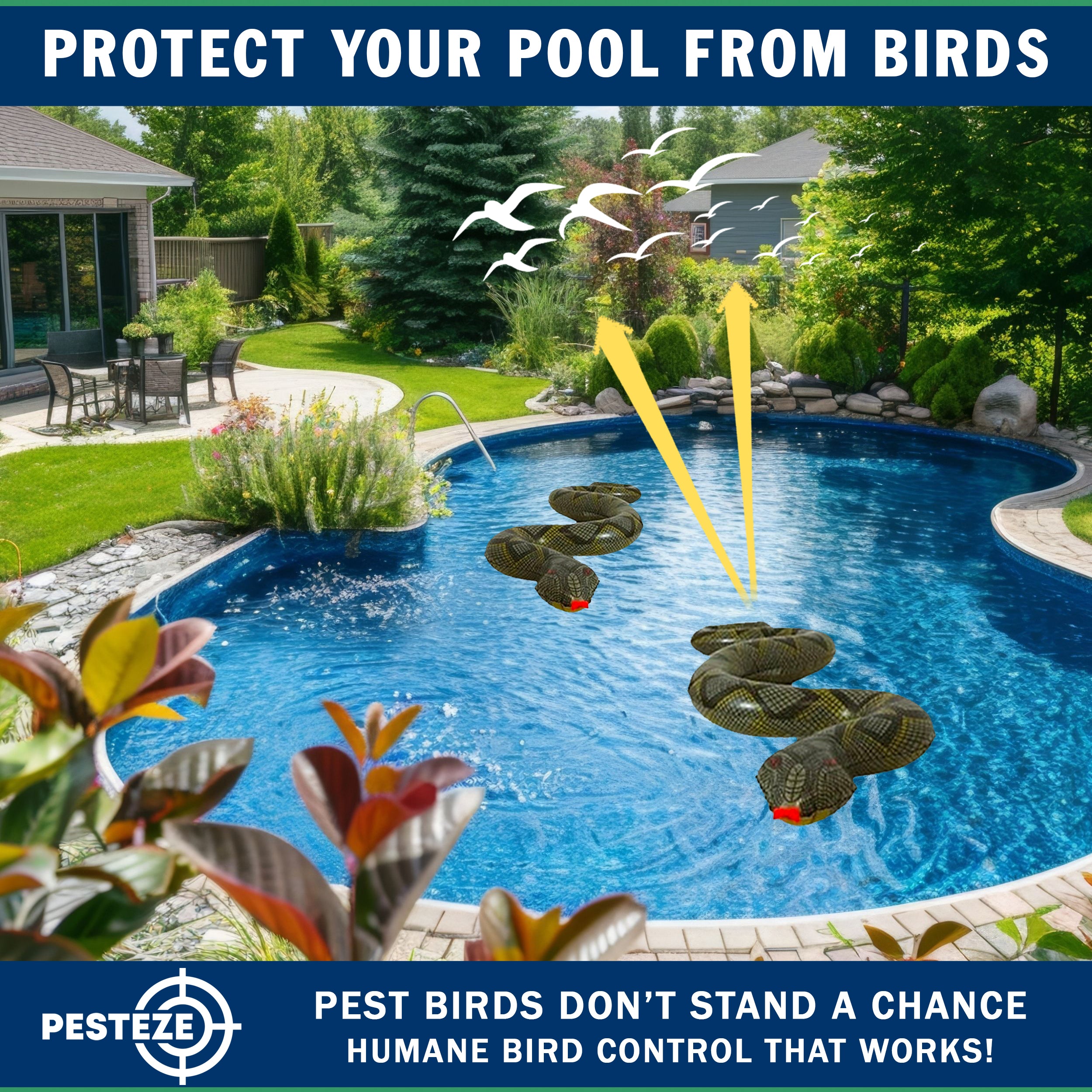 PESTEZE® USA 39 Inch Inflatible Snake [2 Pack Grey-Green Color] Deters Pest Birds like Woodpeckers, Sparrows, Pigeons, Crows, Gulls & Critters from Pools & Yards without Harming them to Protect Property