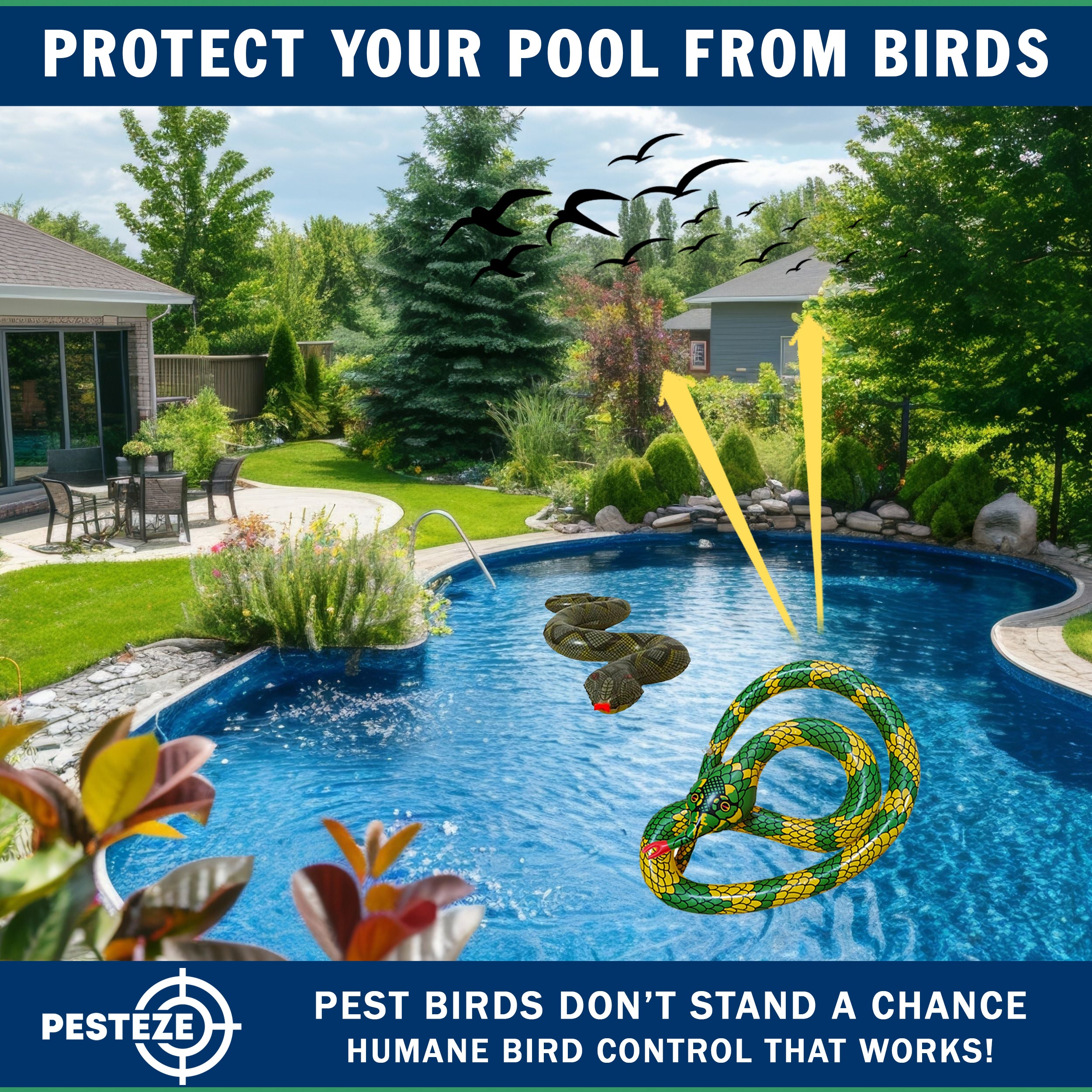 PESTEZE® USA 27 Inch Realistic Inflatable Snakes [2 Pack - 1 Yellow Green + 1 Grey Green] Scares Pest Birds Like Ducks Woodpeckers, Sparrows, Pigeons, Crows, Gulls & Critters from Pools & Yards Without Harming them to Protect Property