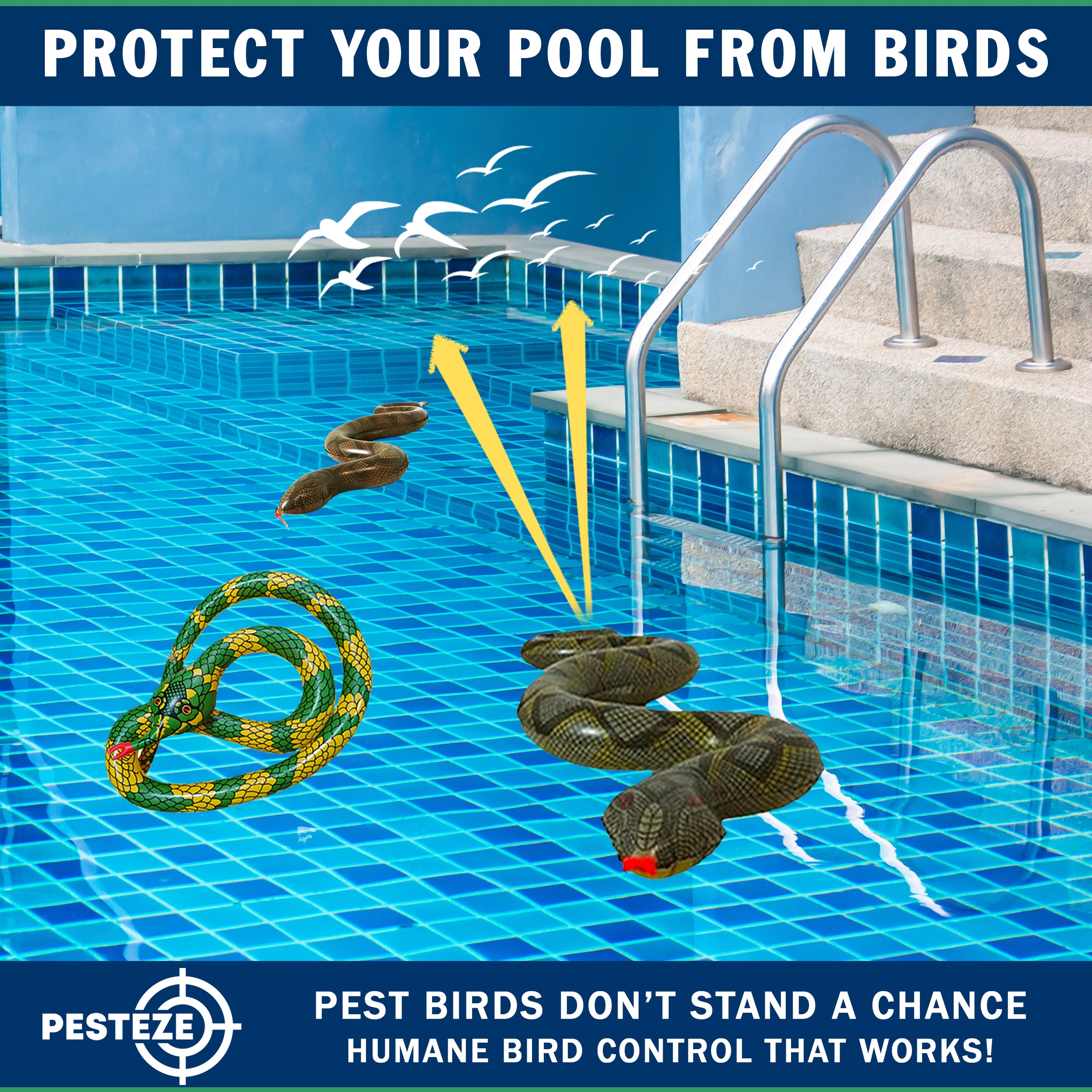 PESTEZE® USA 39 Inch Realistic Inflatable Snakes [3 Pack Multi-Color - 1 Grey-Green + 1 Brown + 1 Yellow-Green] Scares Pest Birds Like Ducks Woodpeckers, Sparrows, Pigeons, Crows, Gulls & Critters from Pools & Yard Without Harming them to Protect Property