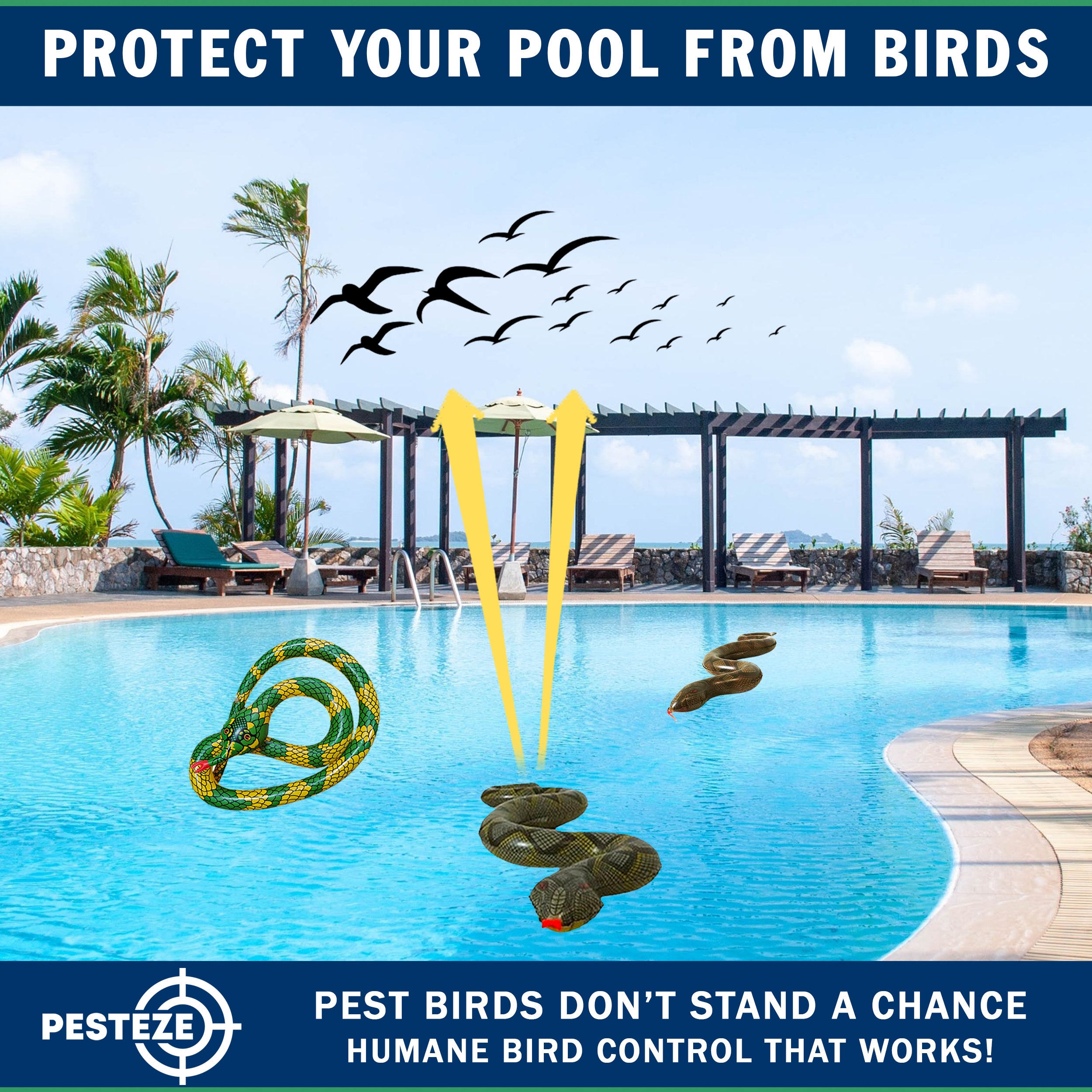 PESTEZE® USA 39 Inch Realistic Inflatable Snakes [3 Pack Multi-Color - 1 Grey-Green + 1 Brown + 1 Yellow-Green] Scares Pest Birds Like Ducks Woodpeckers, Sparrows, Pigeons, Crows, Gulls & Critters from Pools & Yard Without Harming them to Protect Property