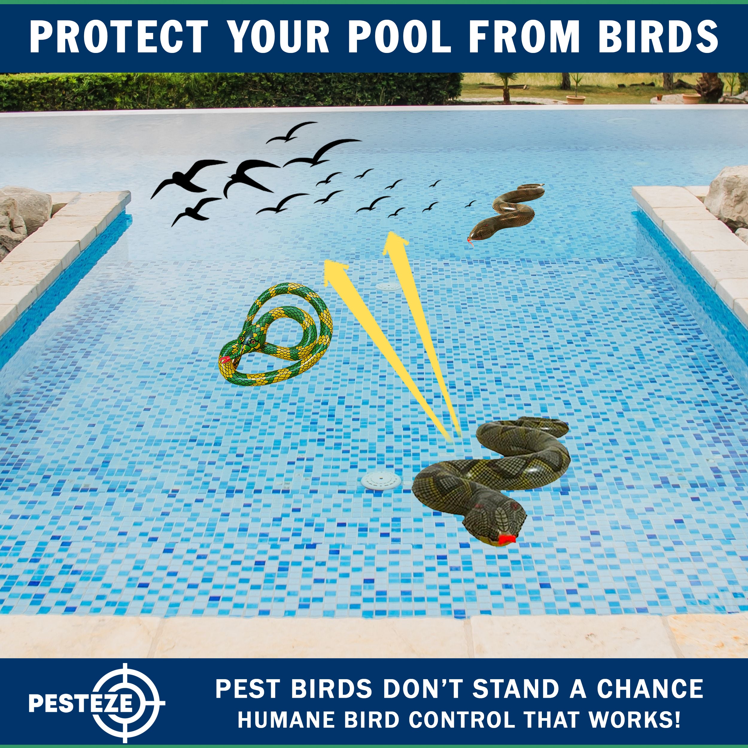 PESTEZE® USA 39 Inch Realistic Inflatable Snakes [3 Pack Multi-Color - 1 Grey-Green + 1 Brown + 1 Yellow-Green] Scares Pest Birds Like Ducks Woodpeckers, Sparrows, Pigeons, Crows, Gulls & Critters from Pools & Yard Without Harming them to Protect Property