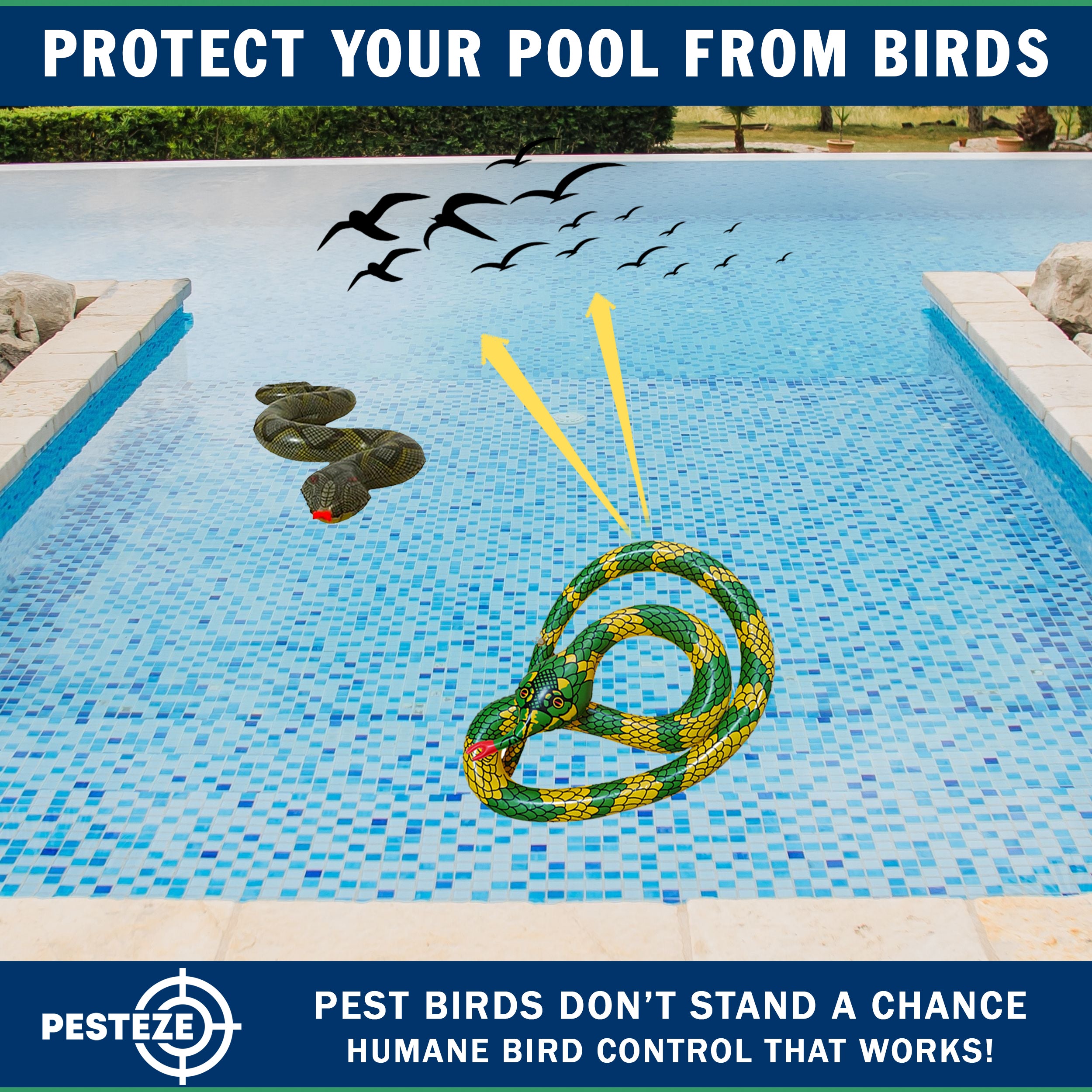 PESTEZE® USA 27 Inch Realistic Inflatable Snakes [2 Pack - 1 Yellow Green + 1 Grey Green] Scares Pest Birds Like Ducks Woodpeckers, Sparrows, Pigeons, Crows, Gulls & Critters from Pools & Yards Without Harming them to Protect Property