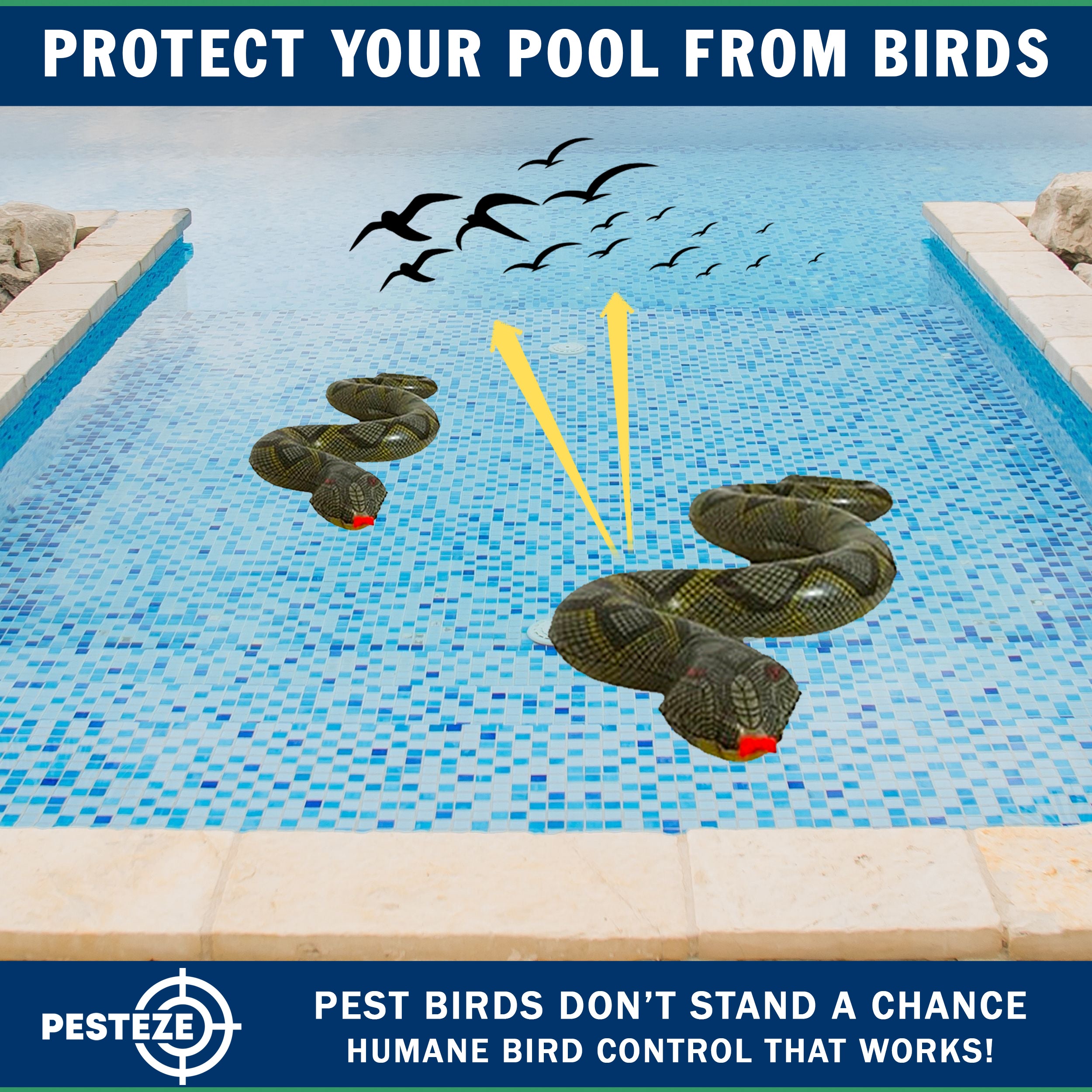 PESTEZE® USA 39 Inch Inflatible Snake [2 Pack Grey-Green Color] Deters Pest Birds like Woodpeckers, Sparrows, Pigeons, Crows, Gulls & Critters from Pools & Yards without Harming them to Protect Property